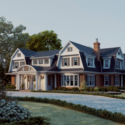 Brick Shingle Style Suburban Mansion Exterior