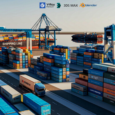 Cargo Container Port 3D Scene Model