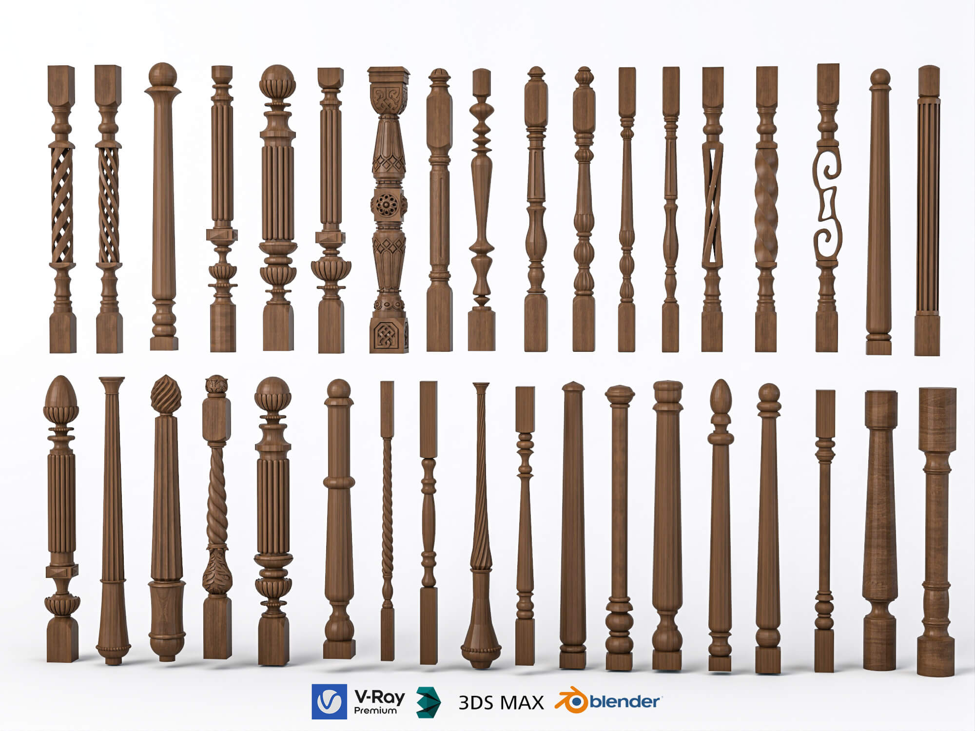 Carved Wooden Baluster and Spindle Collection 3D Model