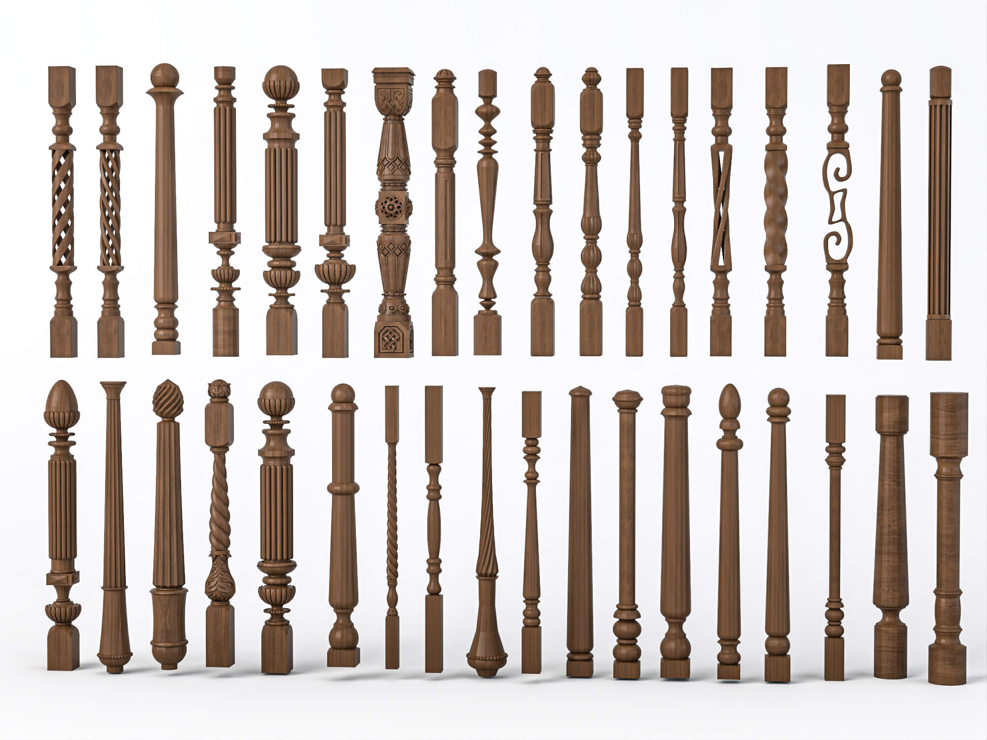 Carved Wooden Baluster and Spindle Collection 3D Model