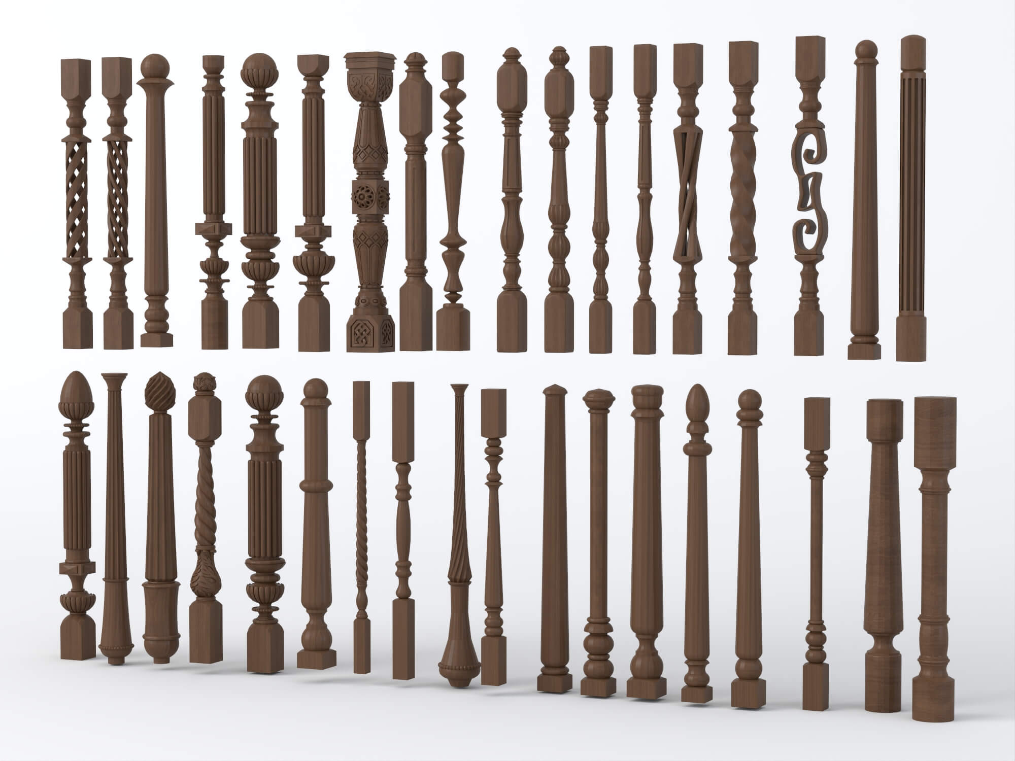 Carved Wooden Baluster and Spindle Collection 3D Model