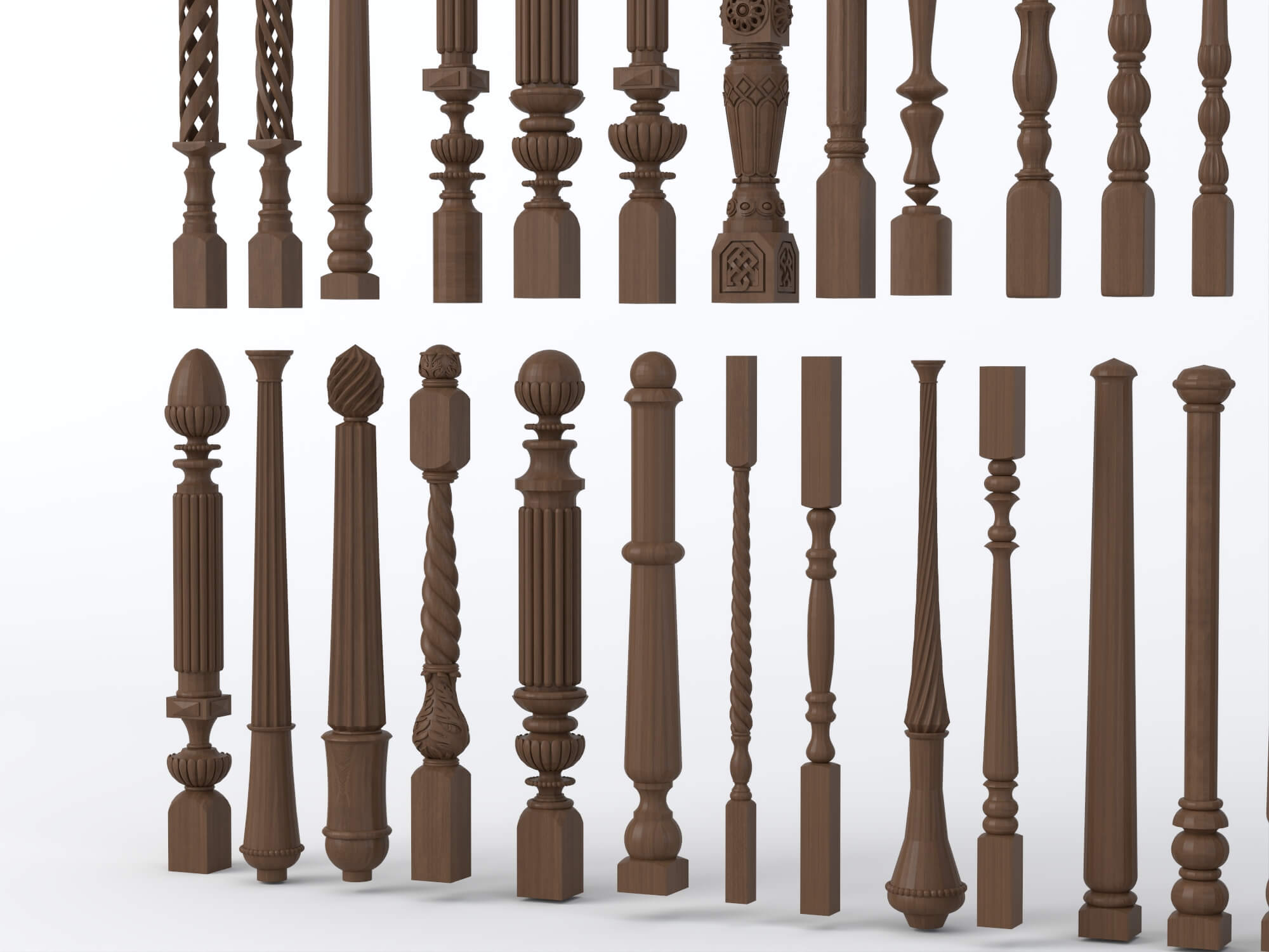 Carved Wooden Baluster and Spindle Collection 3D Model
