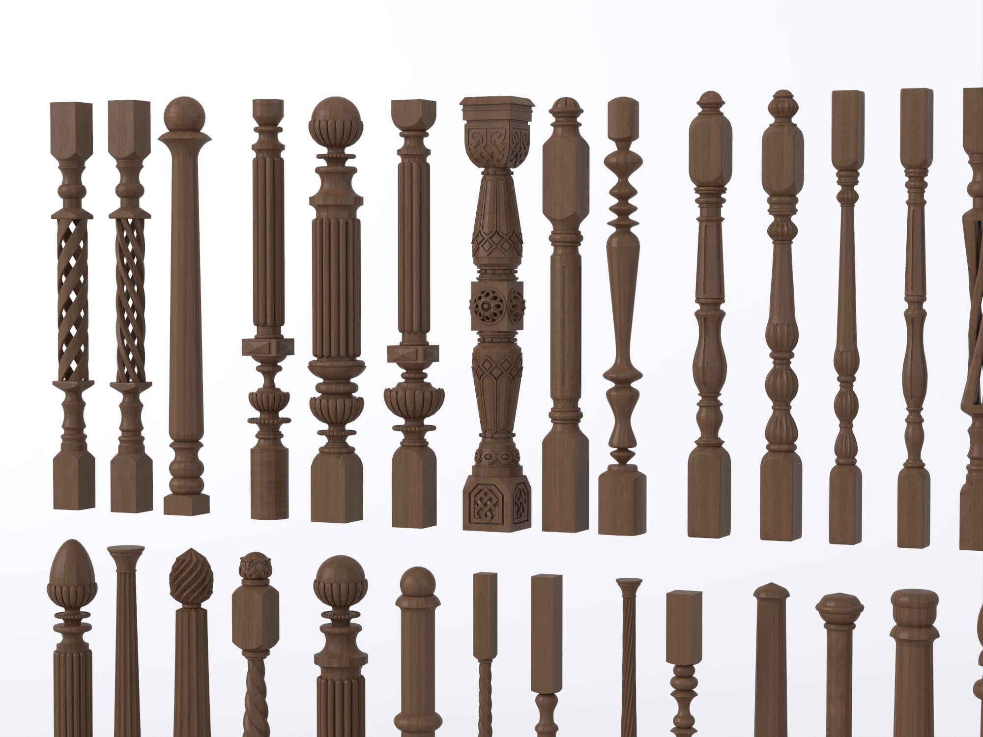 Carved Wooden Baluster and Spindle Collection 3D Model