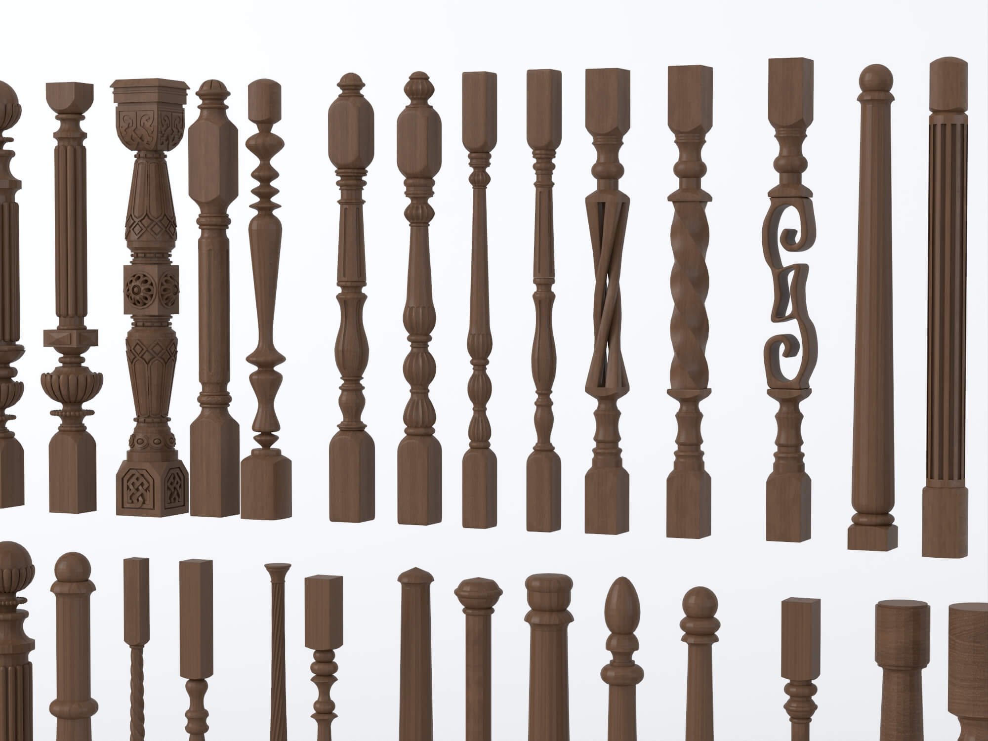 Carved Wooden Baluster and Spindle Collection 3D Model