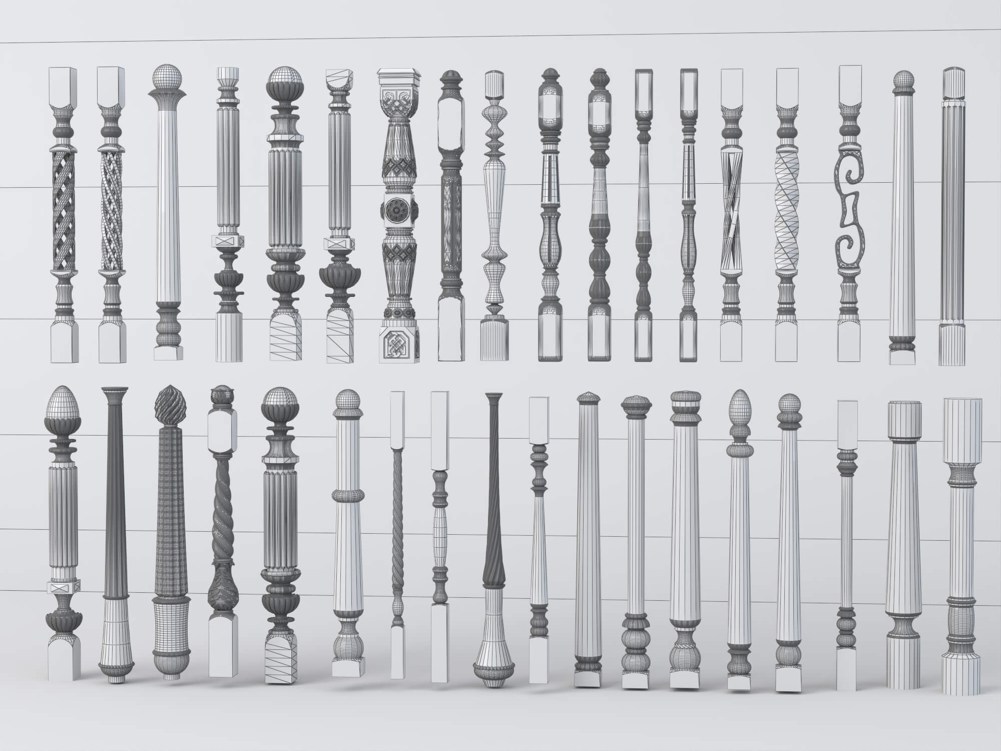 Carved Wooden Baluster and Spindle Collection 3D Model