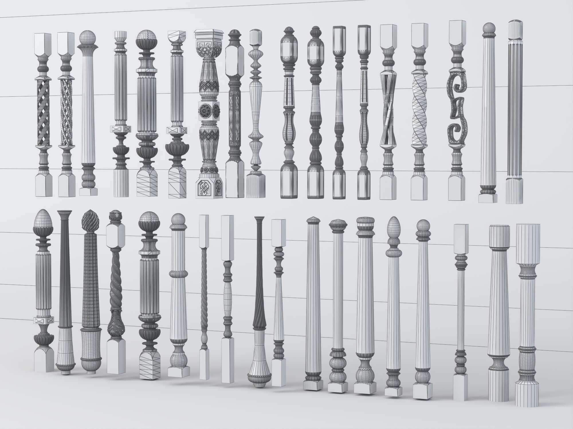 Carved Wooden Baluster and Spindle Collection 3D Model