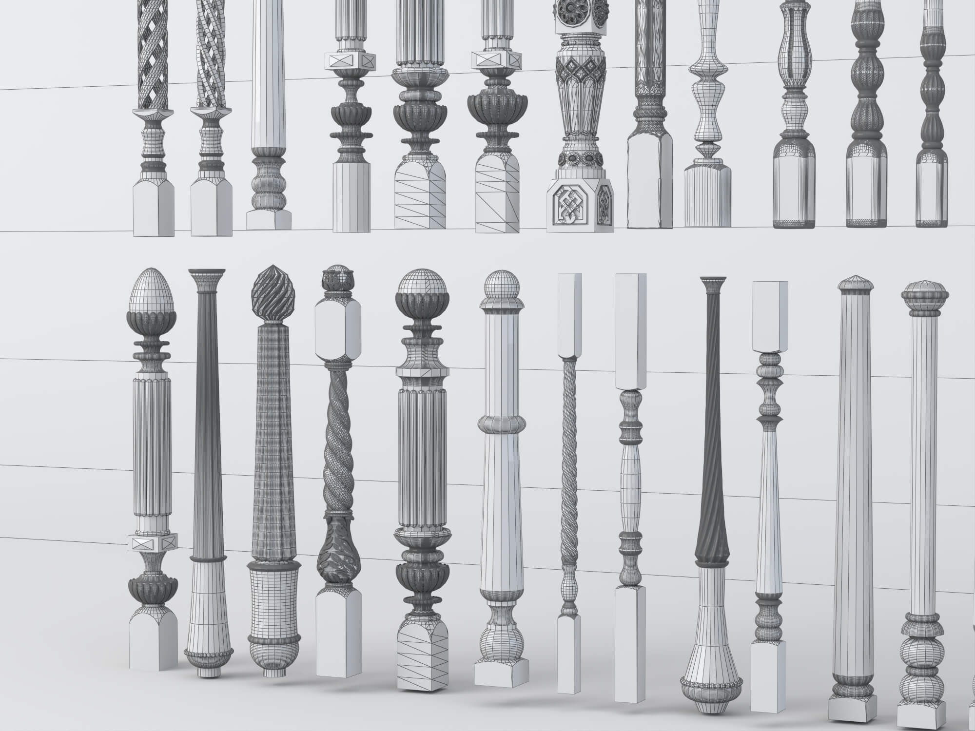 Carved Wooden Baluster and Spindle Collection 3D Model