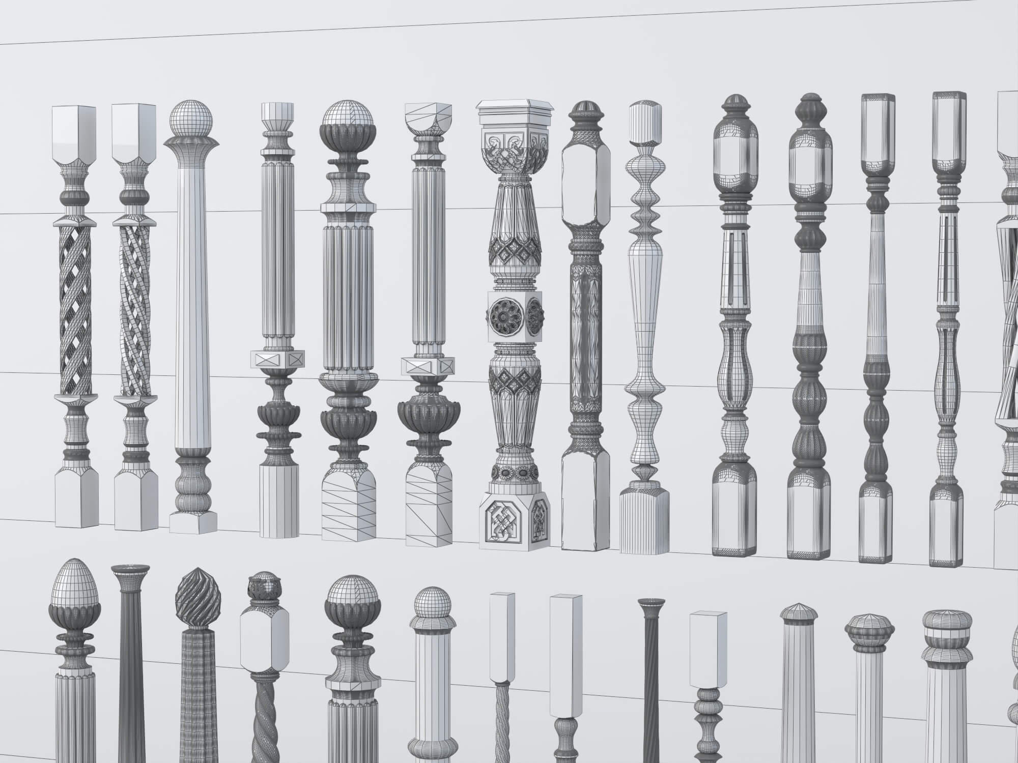 Carved Wooden Baluster and Spindle Collection 3D Model