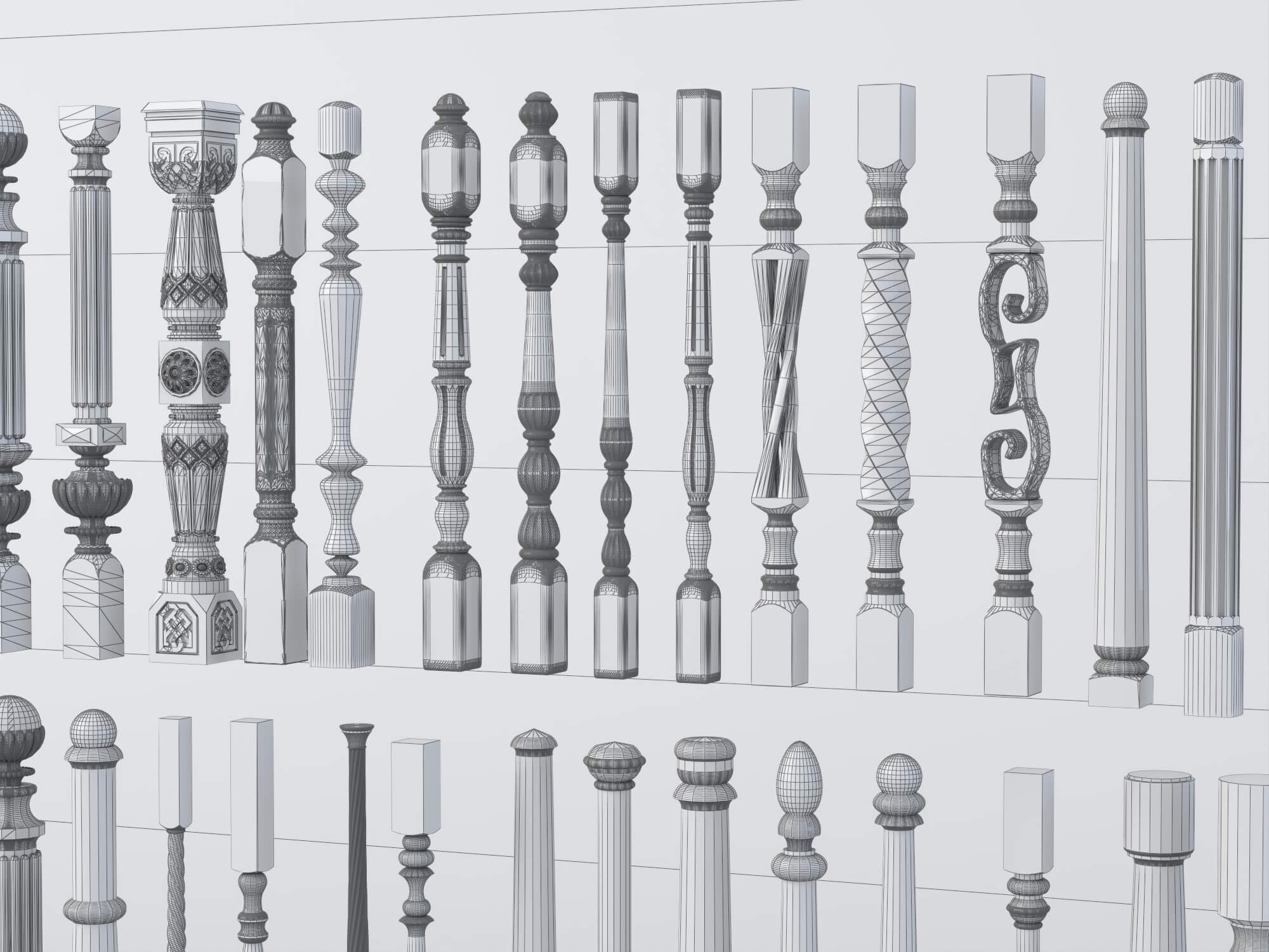 Carved Wooden Baluster and Spindle Collection 3D Model