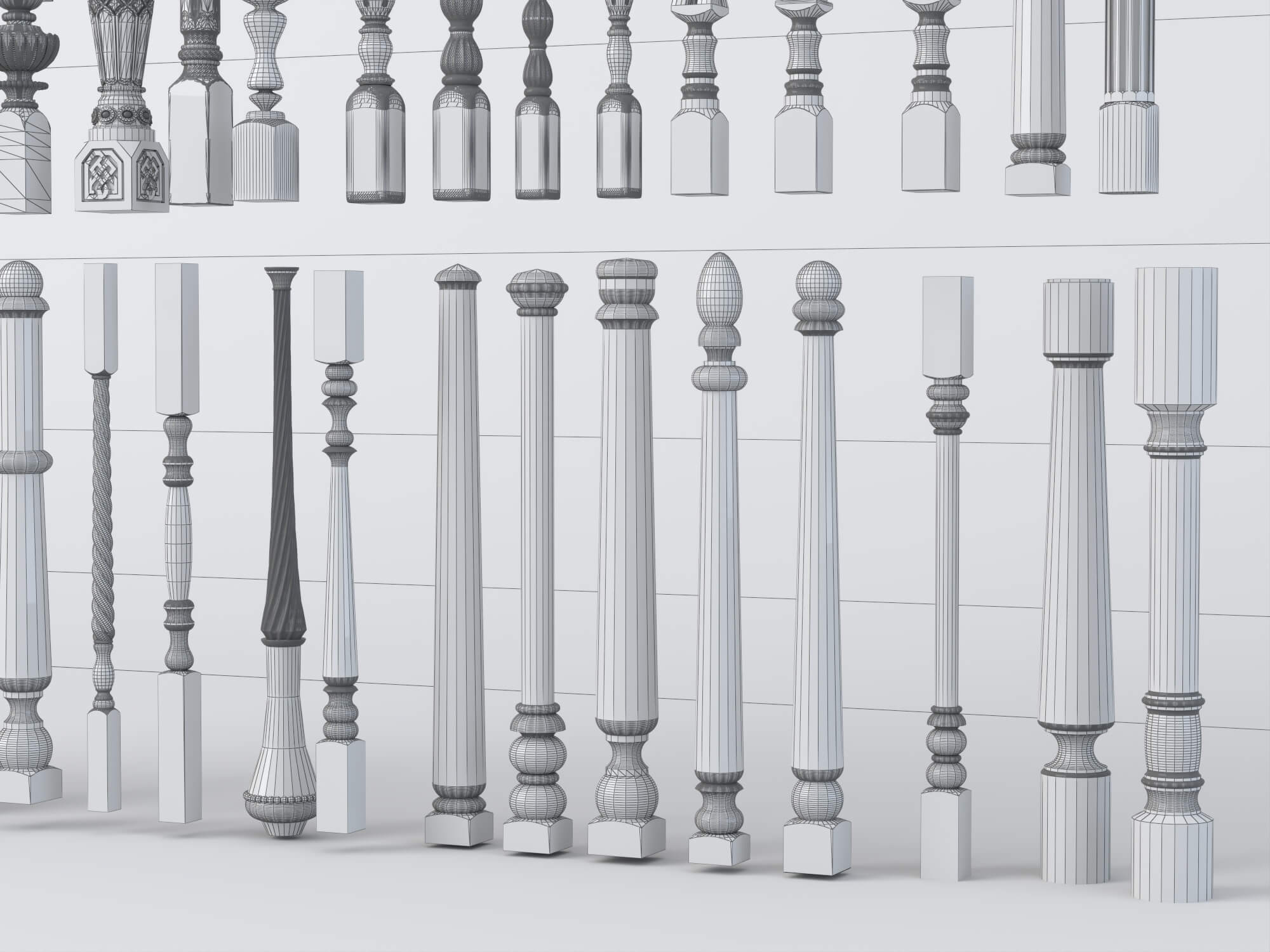 Carved Wooden Baluster and Spindle Collection 3D Model