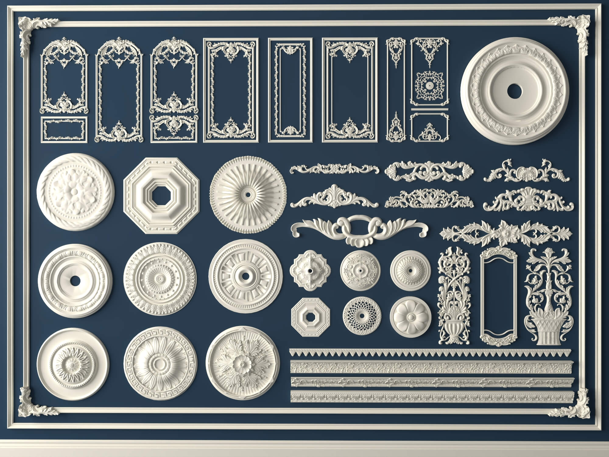 Ceiling Rosette and Plaster Frame Molding Collection 3D Model