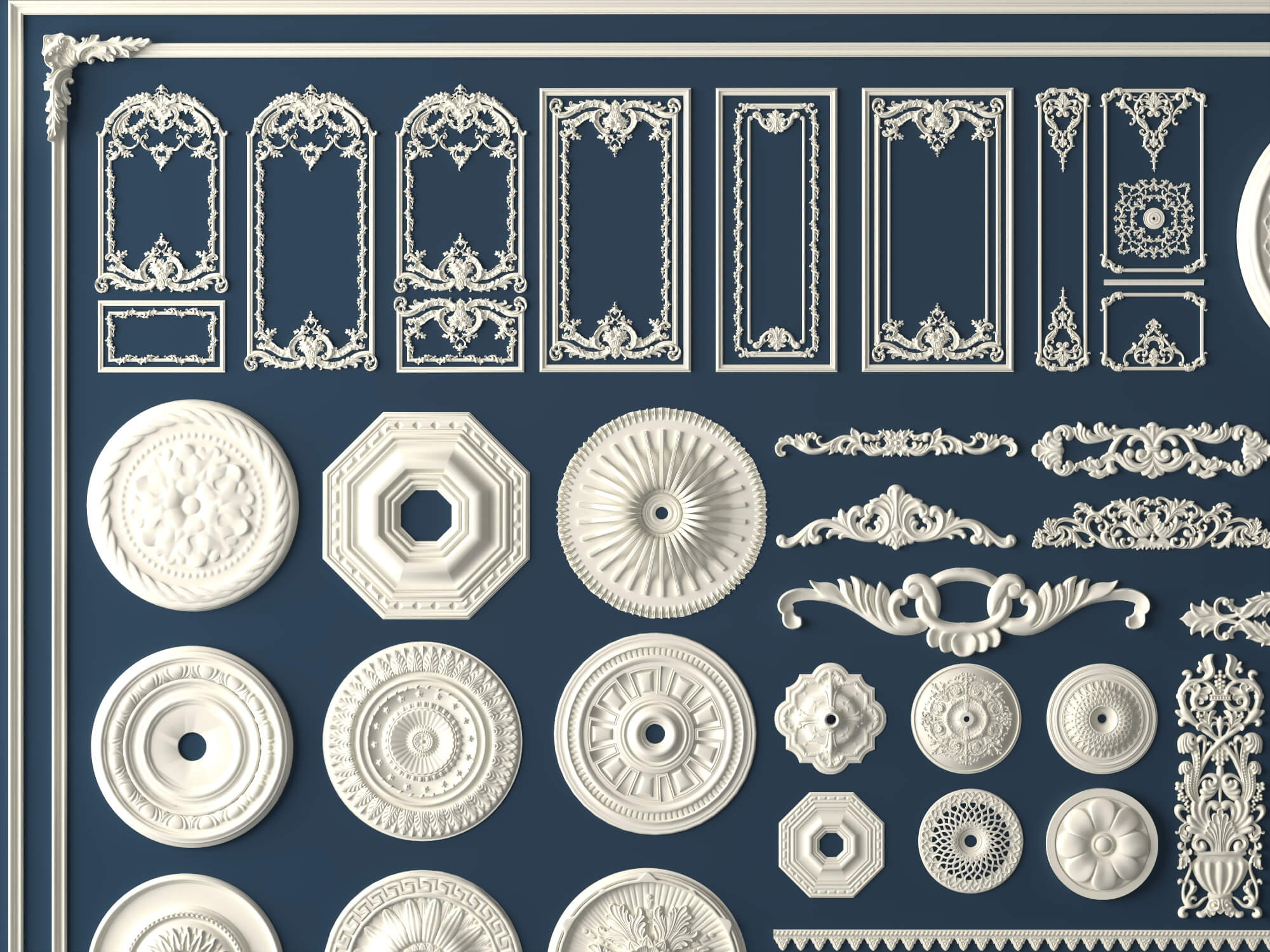 Ceiling Rosette and Plaster Frame Molding Collection 3D Model