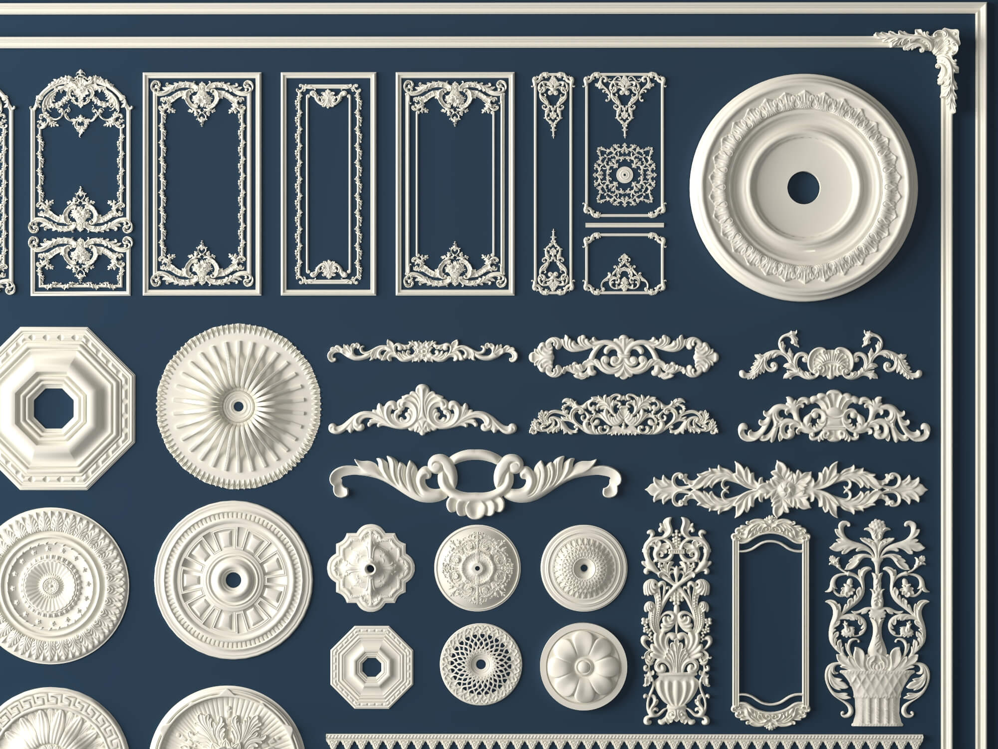 Ceiling Rosette and Plaster Frame Molding Collection 3D Model