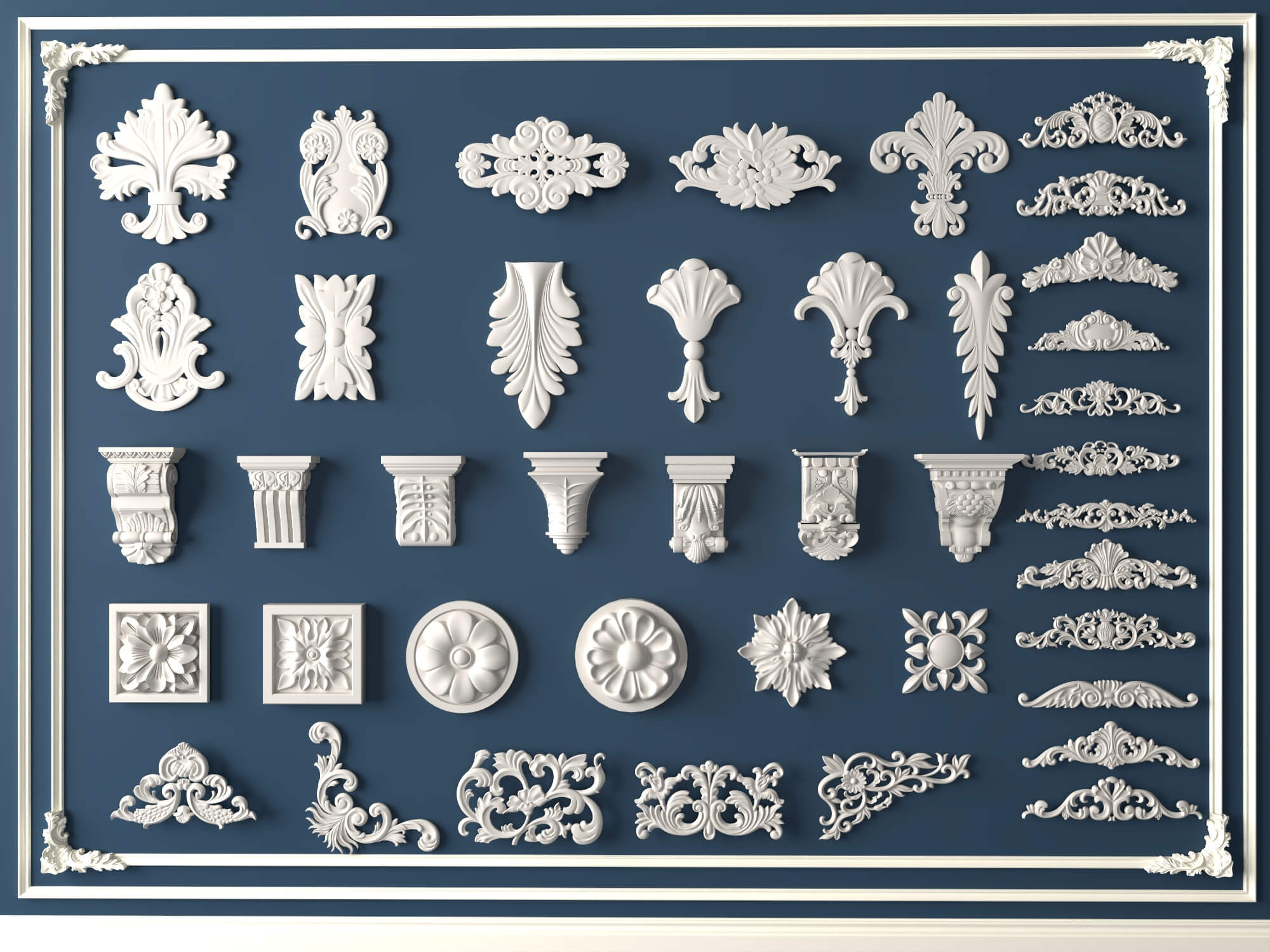 Classic Plaster Ornament Corbels and Rosette Molding Set 3D Model