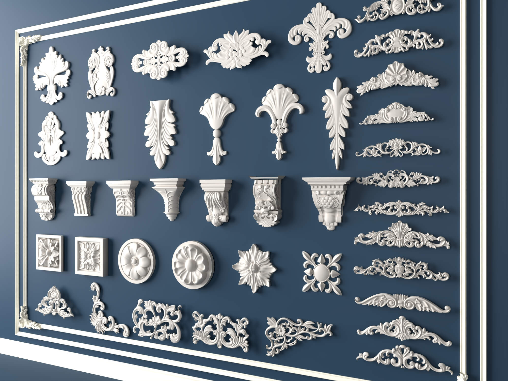 Classic Plaster Ornament Corbels and Rosette Molding Set 3D Model