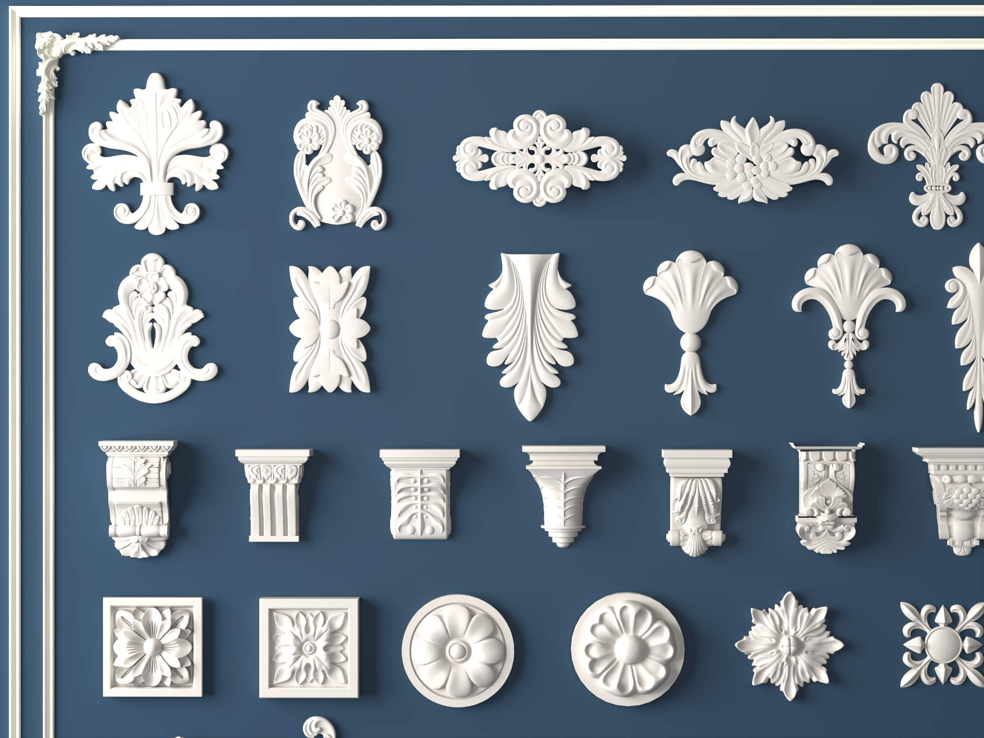 Classic Plaster Ornament Corbels and Rosette Molding Set 3D Model