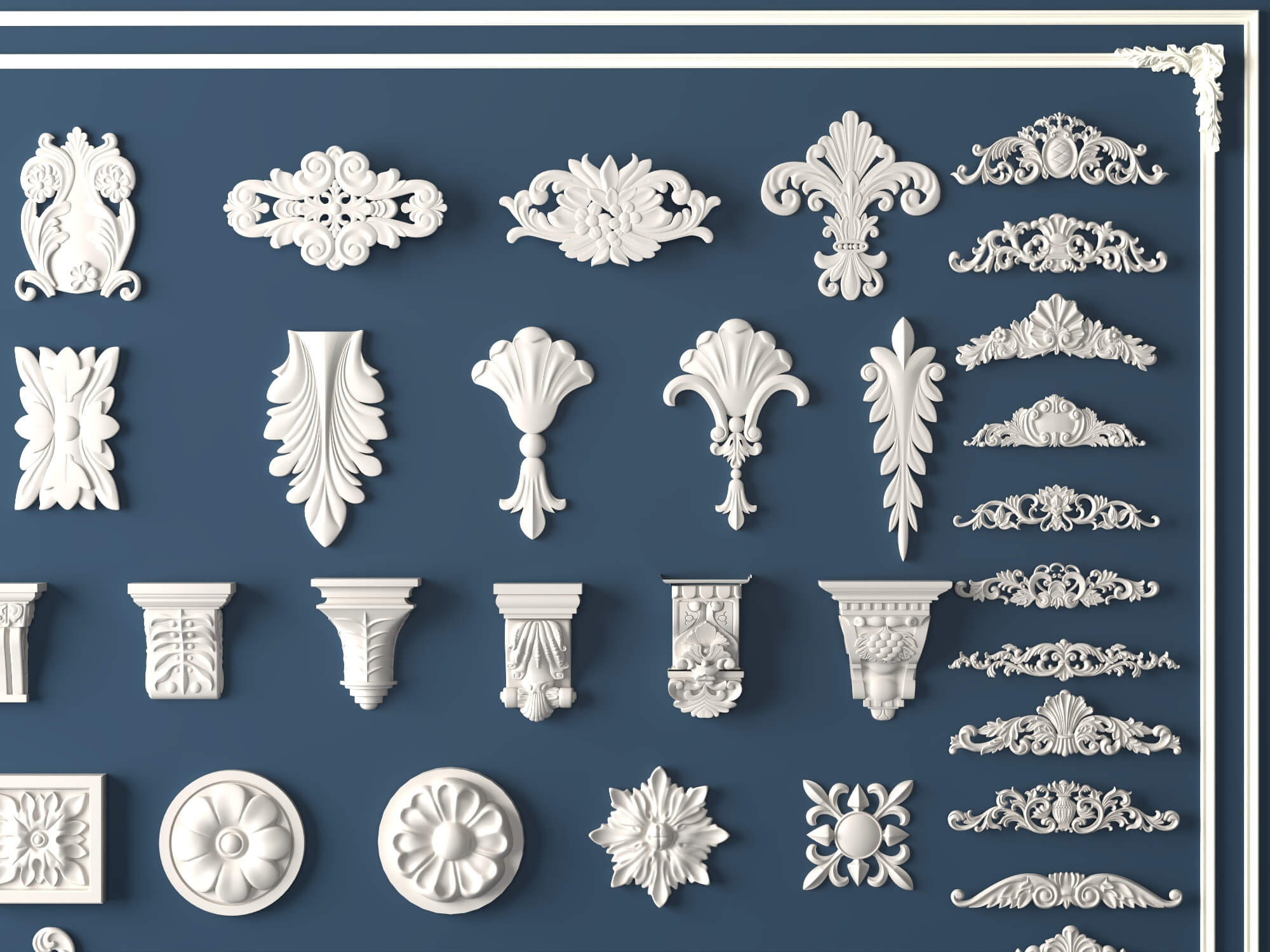Classic Plaster Ornament Corbels and Rosette Molding Set 3D Model