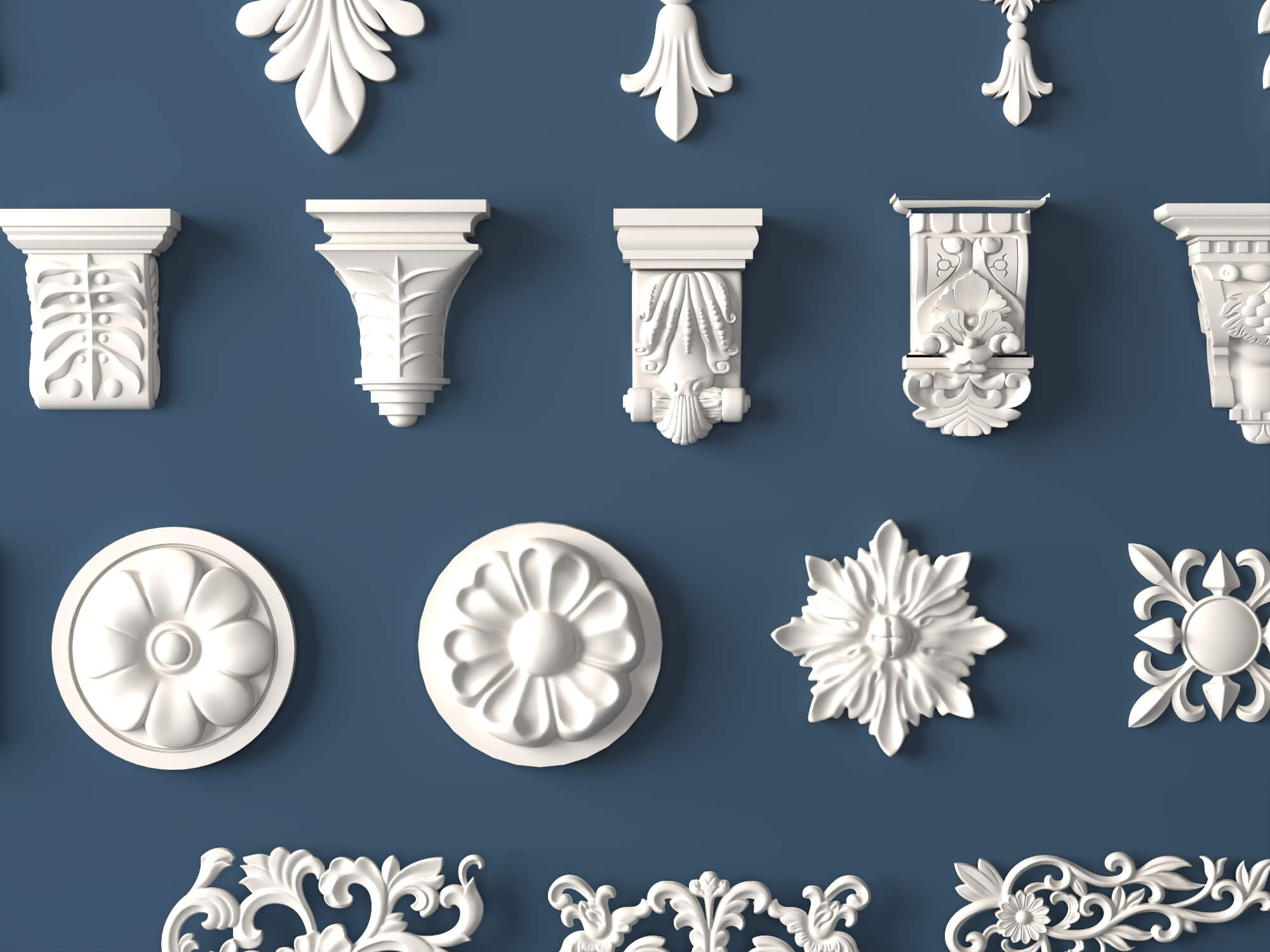 Classic Plaster Ornament Corbels and Rosette Molding Set 3D Model