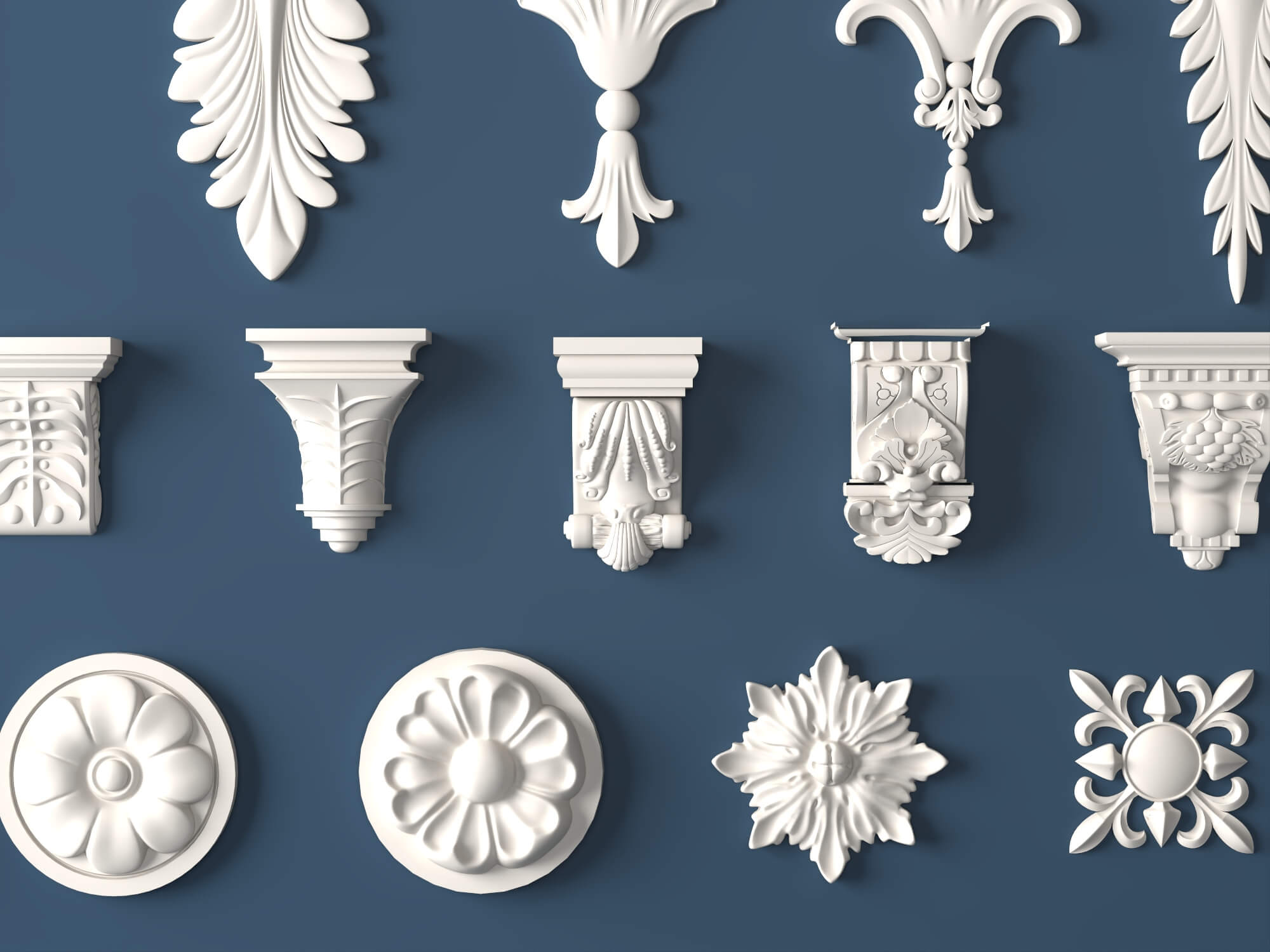 Classic Plaster Ornament Corbels and Rosette Molding Set 3D Model