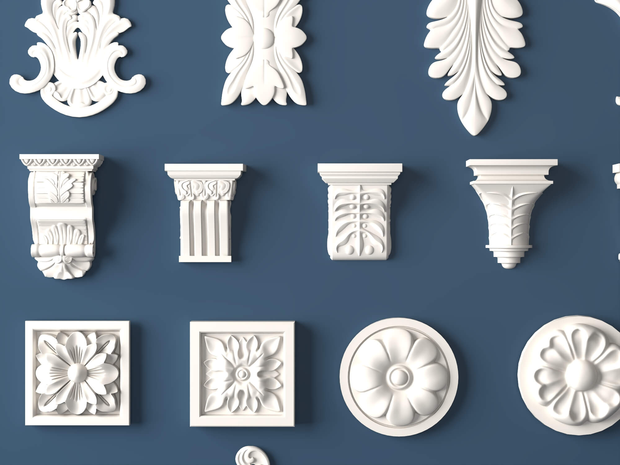 Classic Plaster Ornament Corbels and Rosette Molding Set 3D Model
