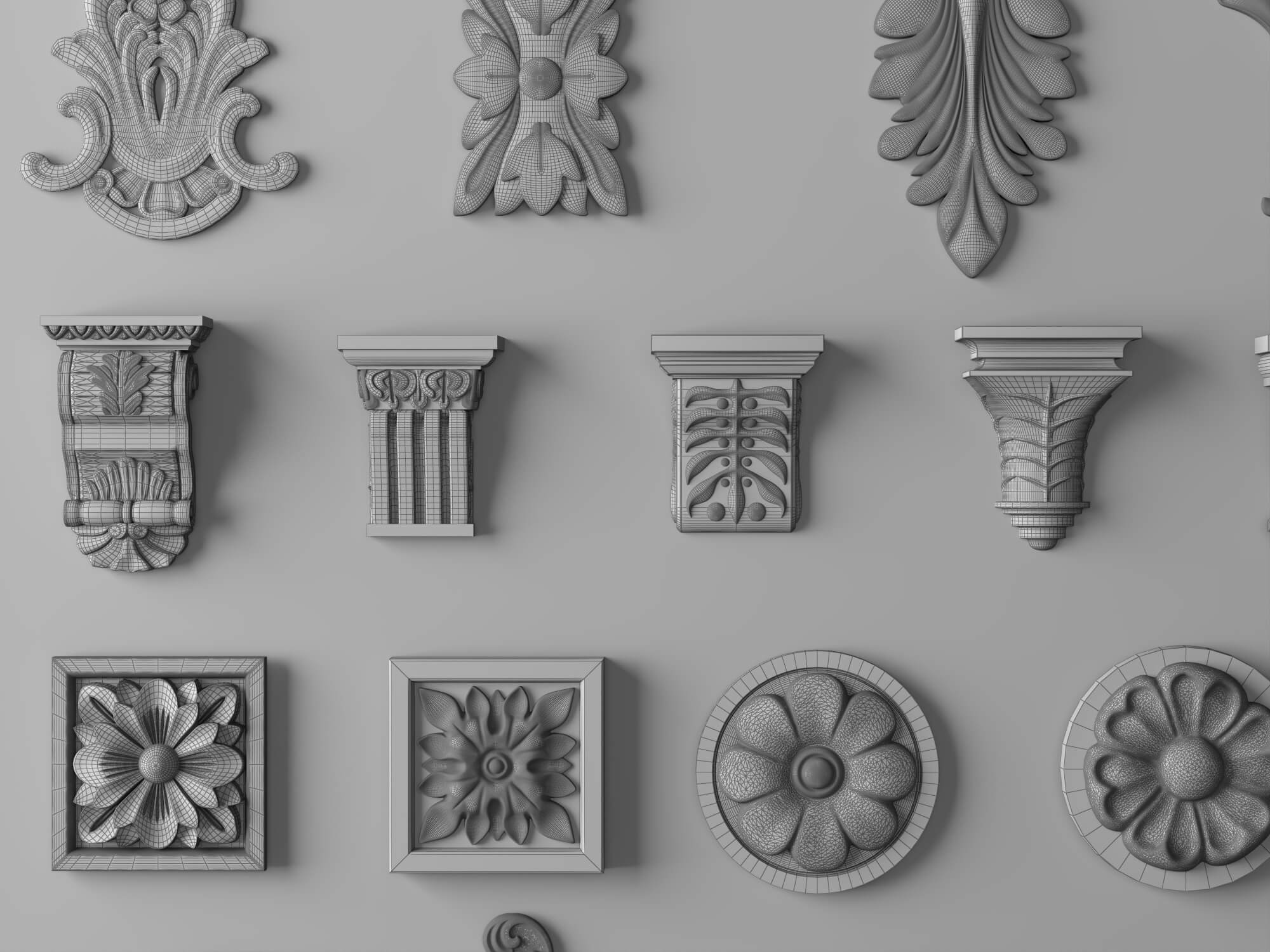 Classic Plaster Ornament Corbels and Rosette Molding Set 3D Model