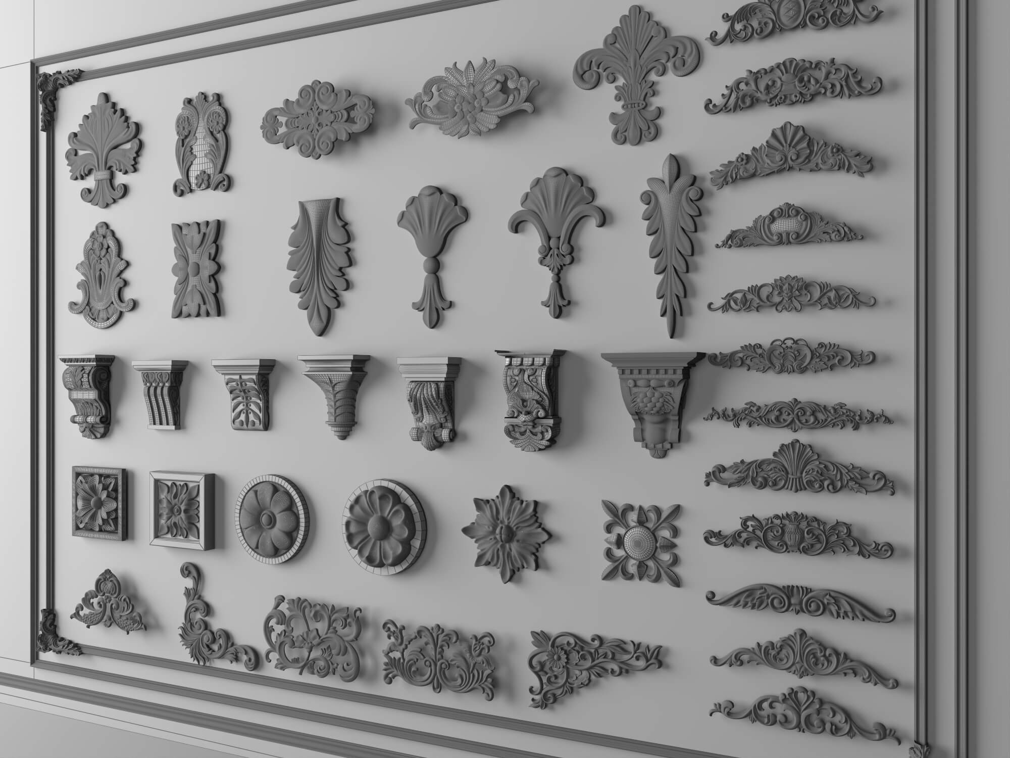 Classic Plaster Ornament Corbels and Rosette Molding Set 3D Model