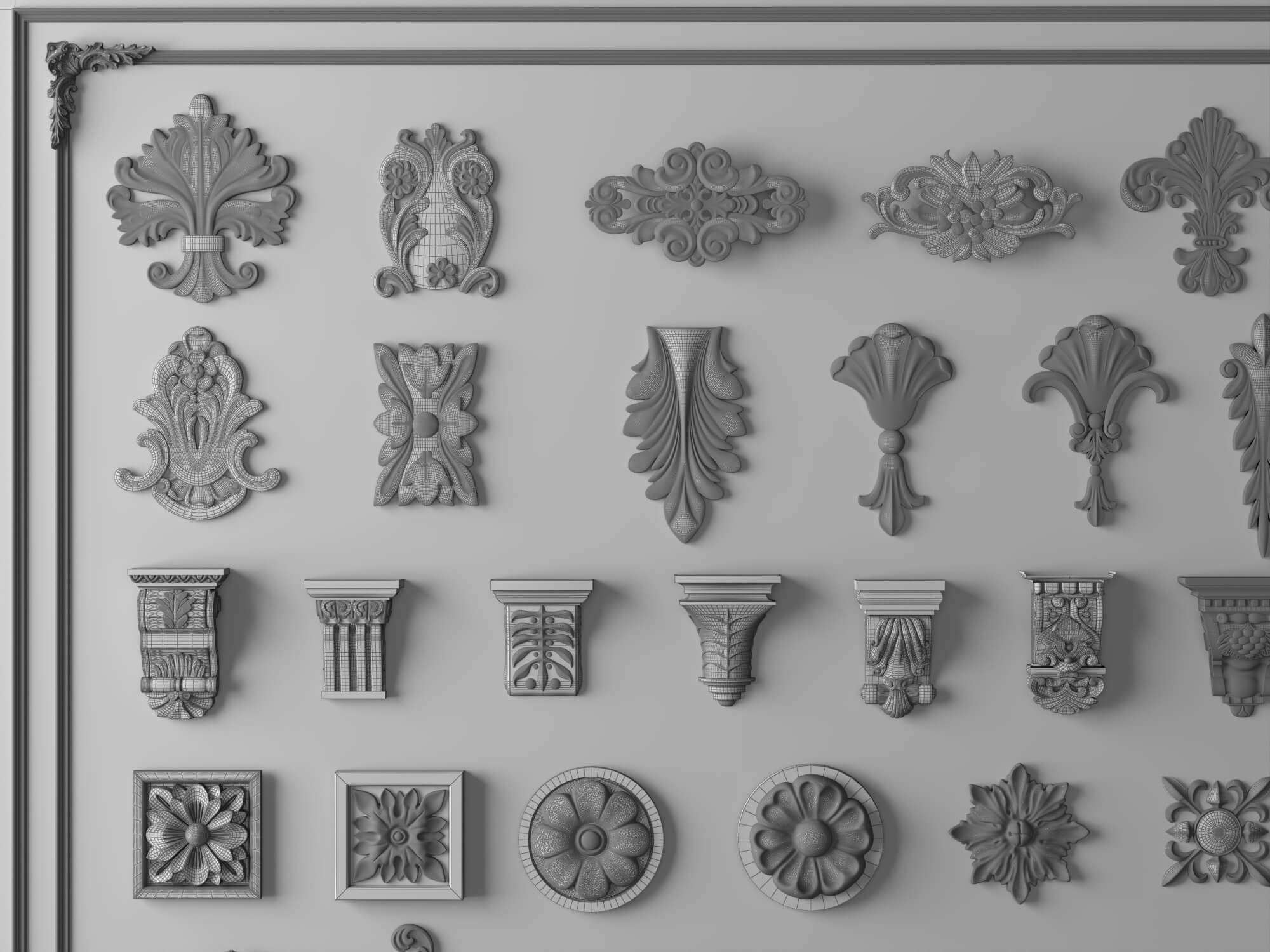 Classic Plaster Ornament Corbels and Rosette Molding Set 3D Model