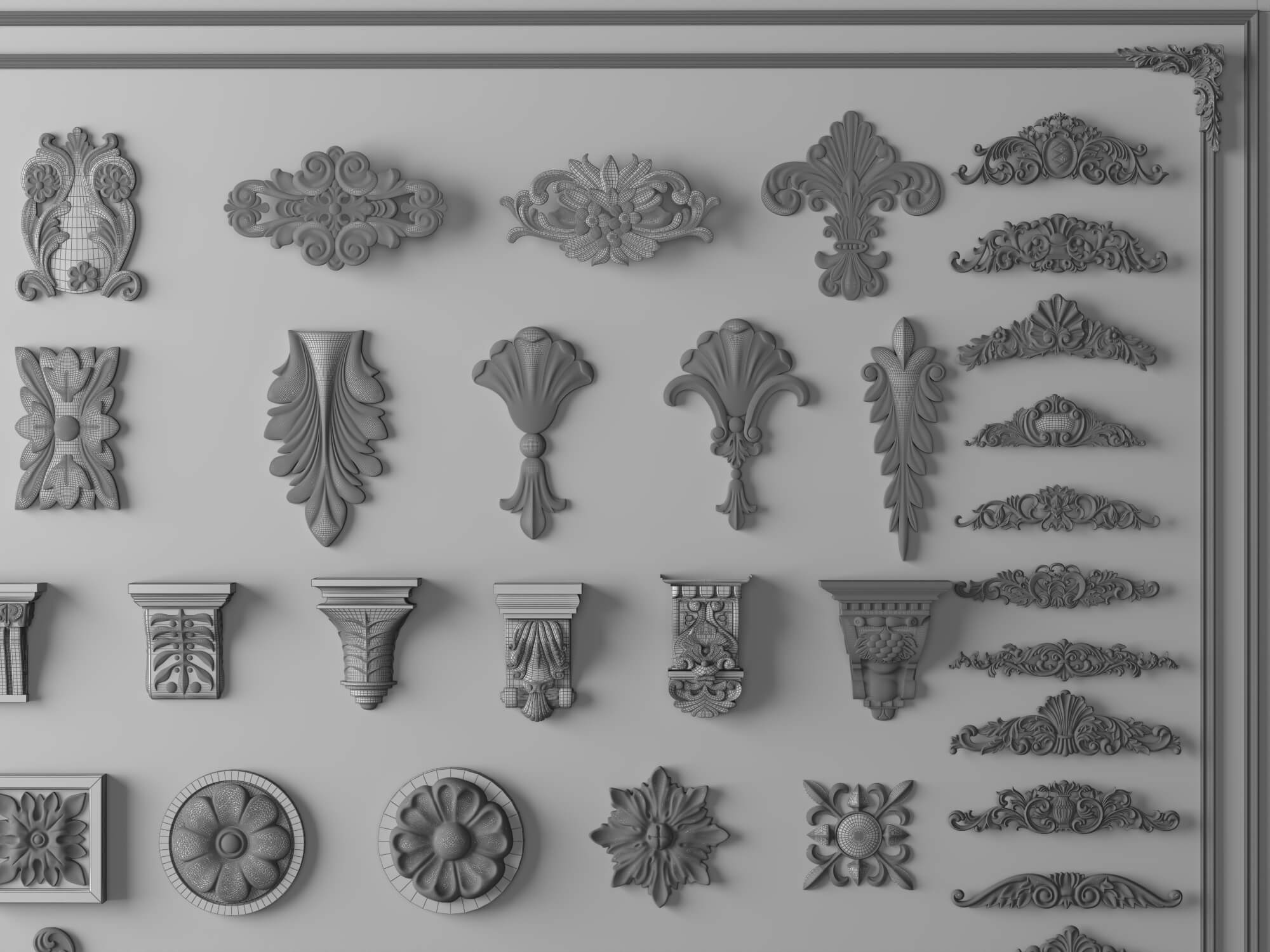 Classic Plaster Ornament Corbels and Rosette Molding Set 3D Model