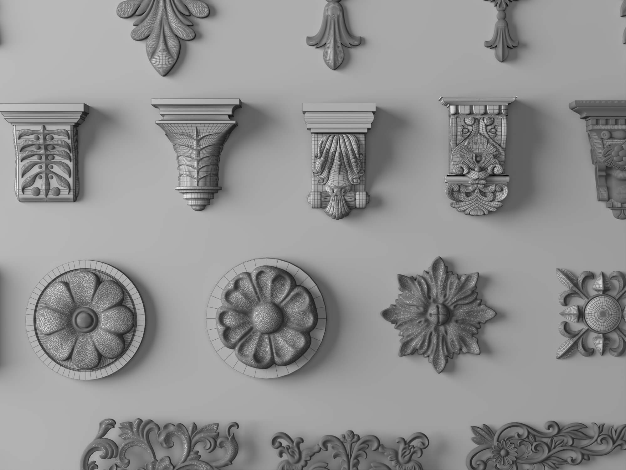 Classic Plaster Ornament Corbels and Rosette Molding Set 3D Model