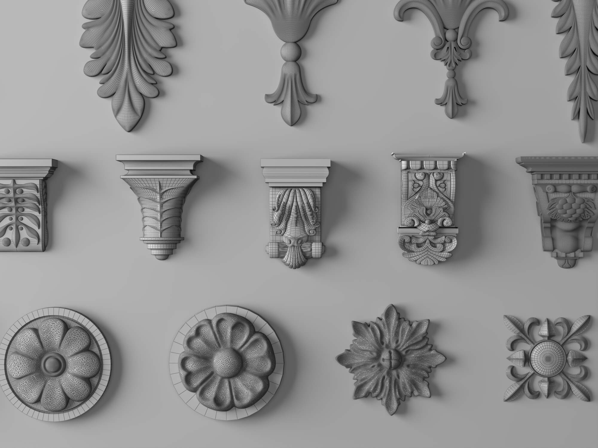 Classic Plaster Ornament Corbels and Rosette Molding Set 3D Model