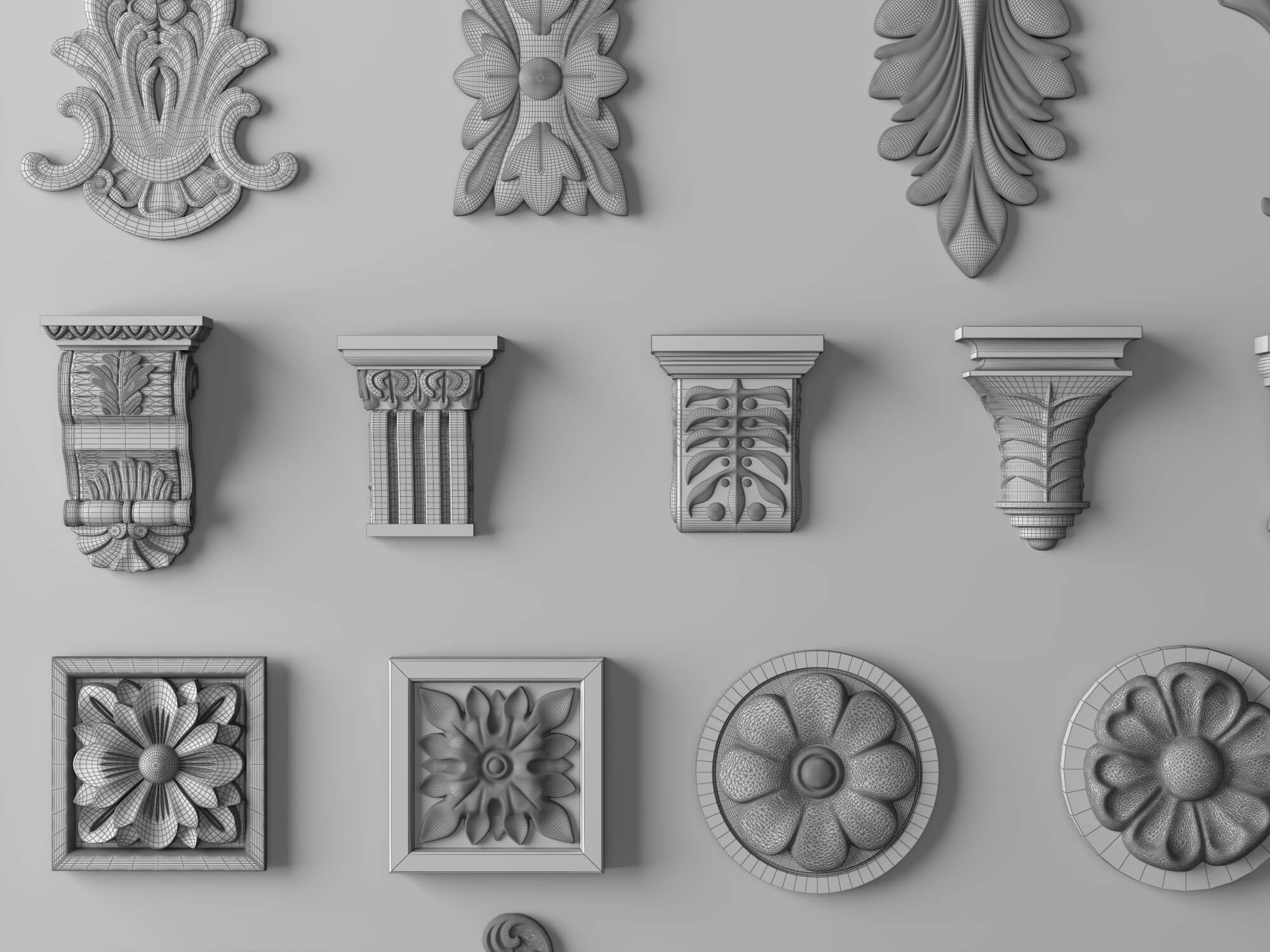 Classic Plaster Ornament Corbels and Rosette Molding Set 3D Model