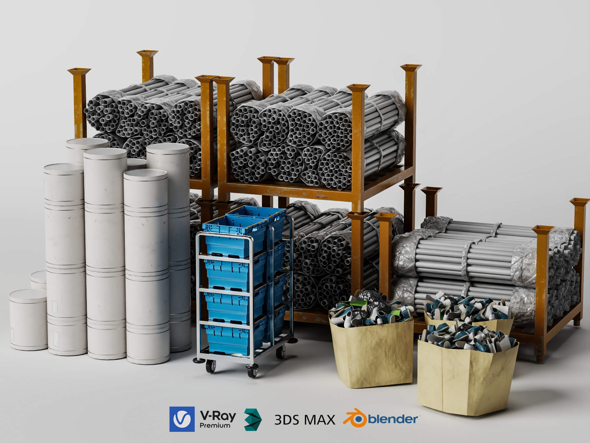 Construction Pipe and Material Storage Asset Pack 3D Model