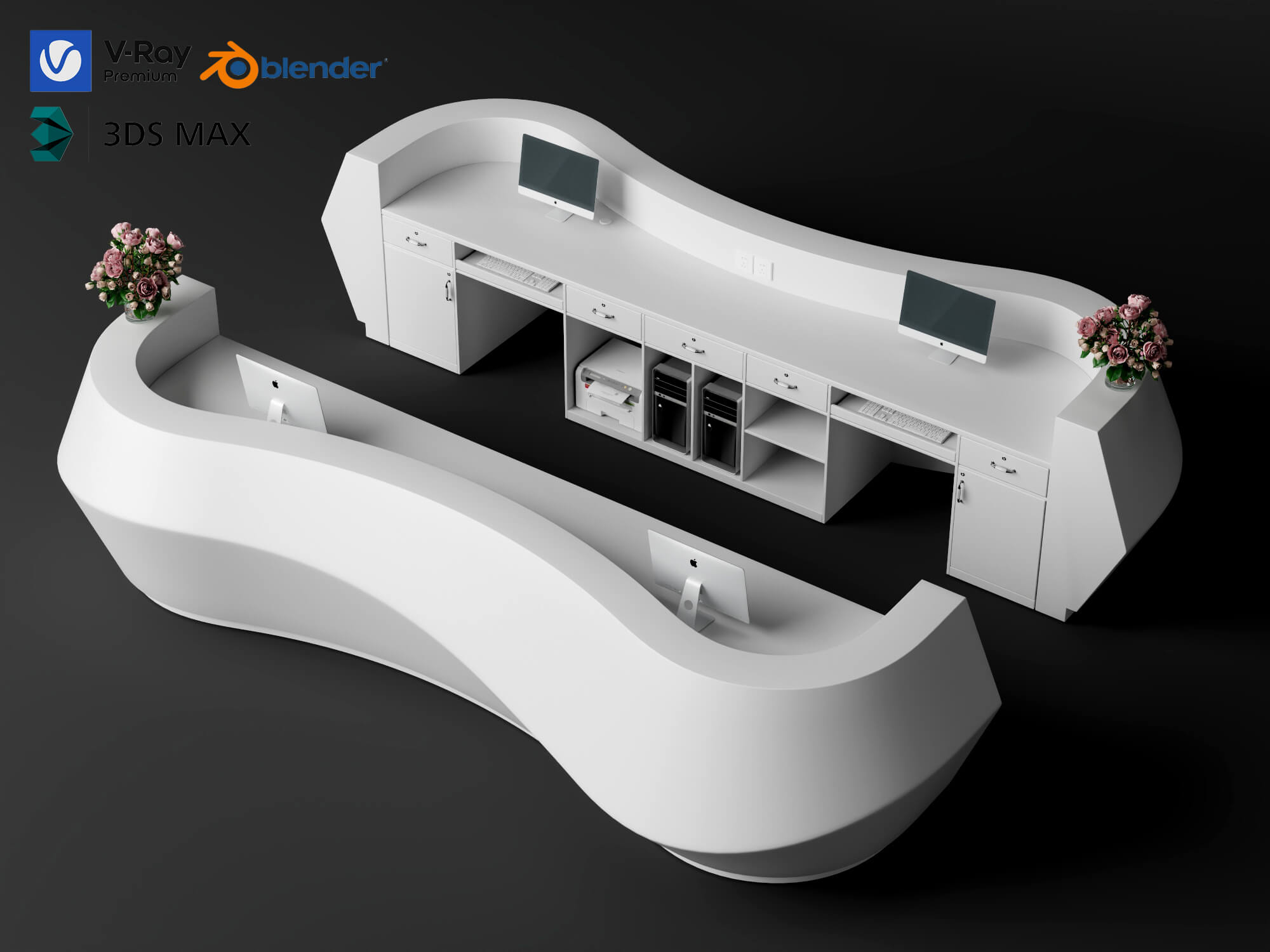 Curved White Reception Desk 3D Asset 3D Model