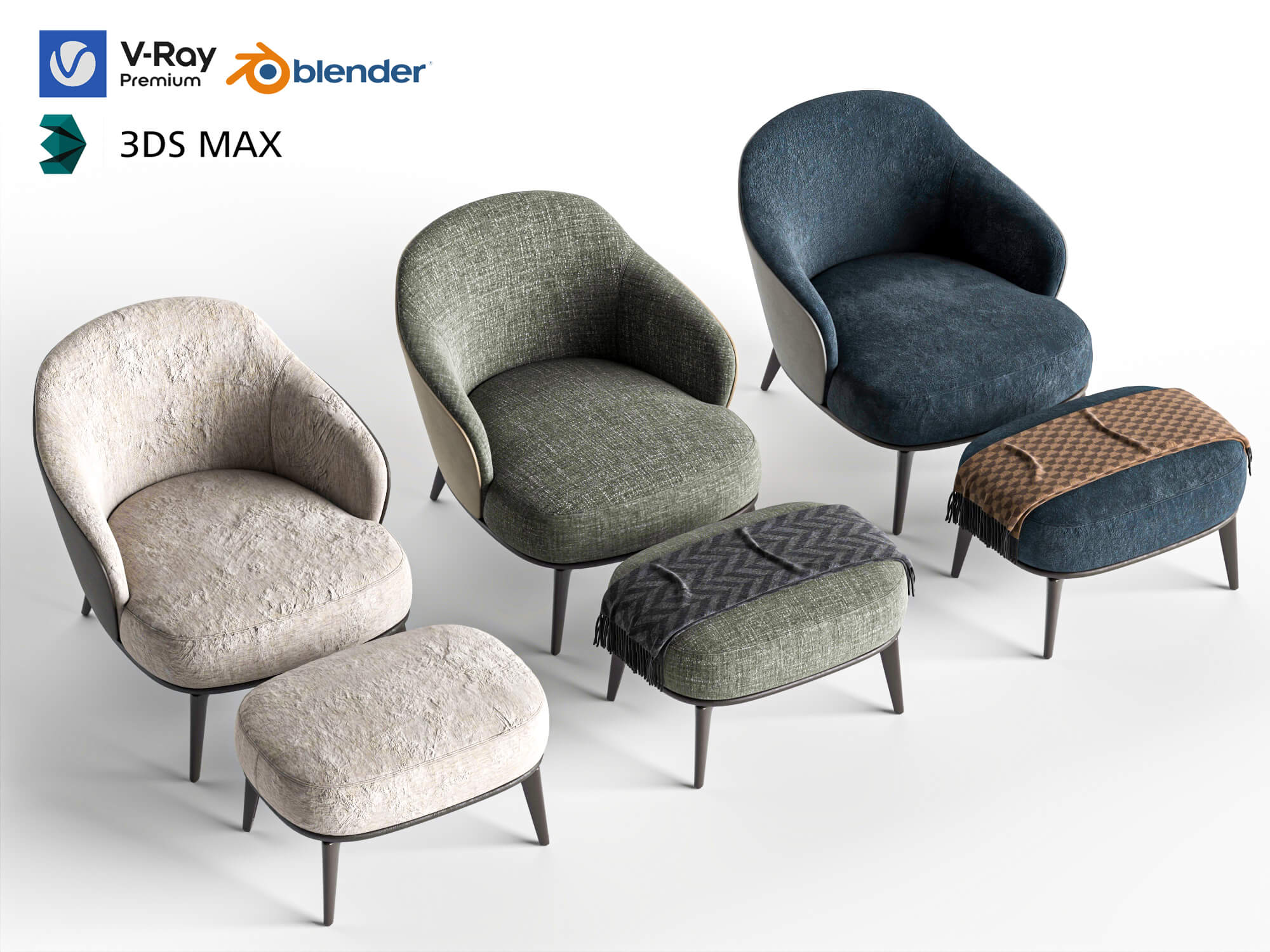Fabric Armchairs with Ottomans Set 3D Model