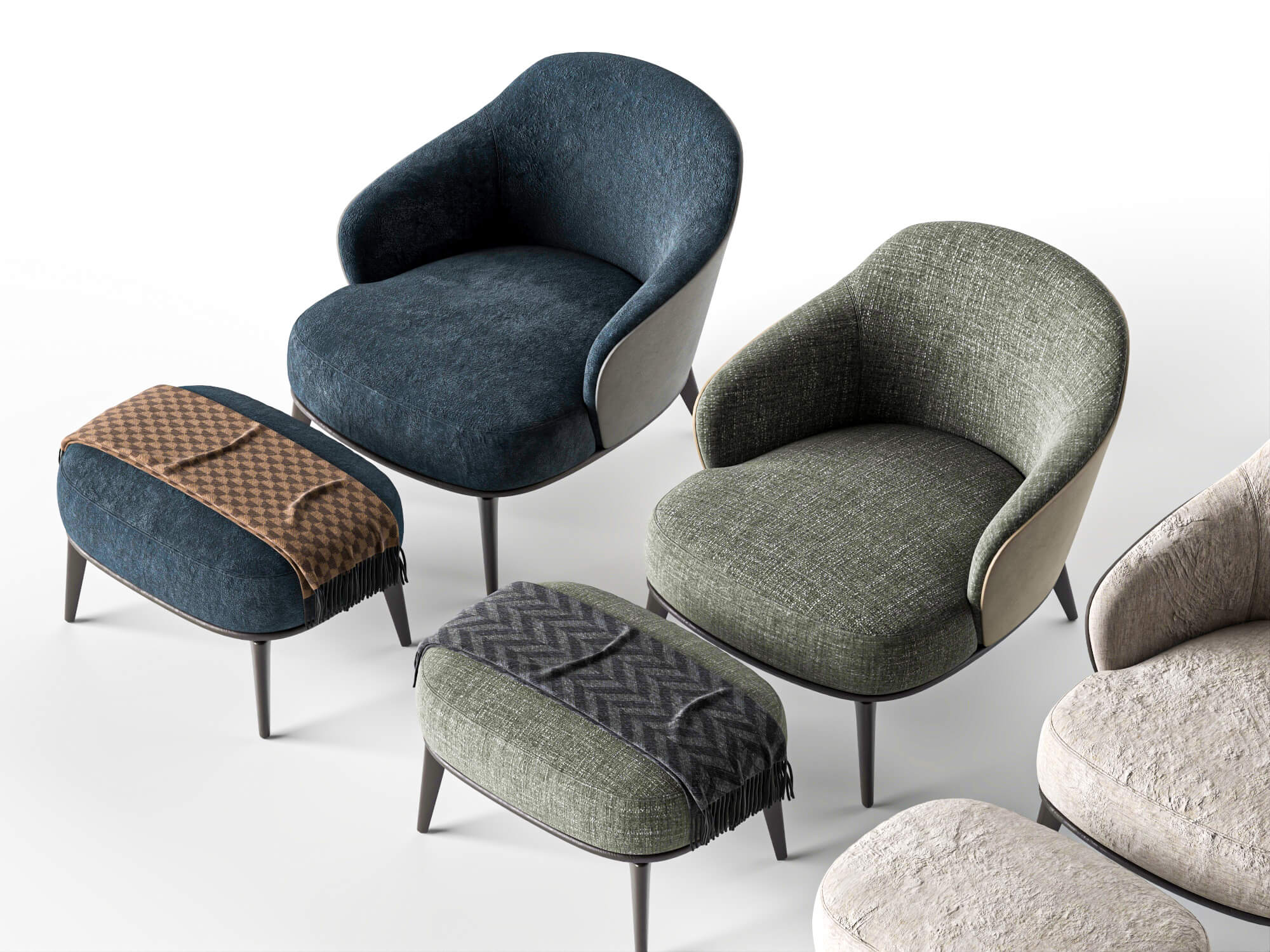Fabric Armchairs with Ottomans Set 3D Model