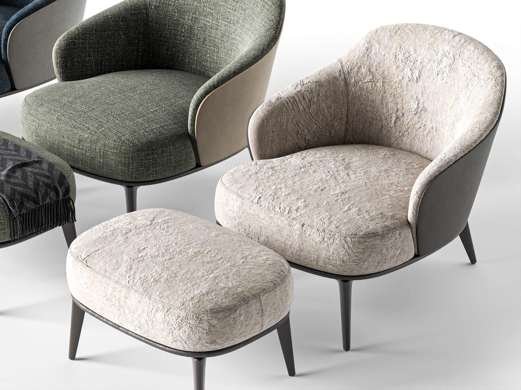 Fabric Armchairs with Ottomans Set 3D Model