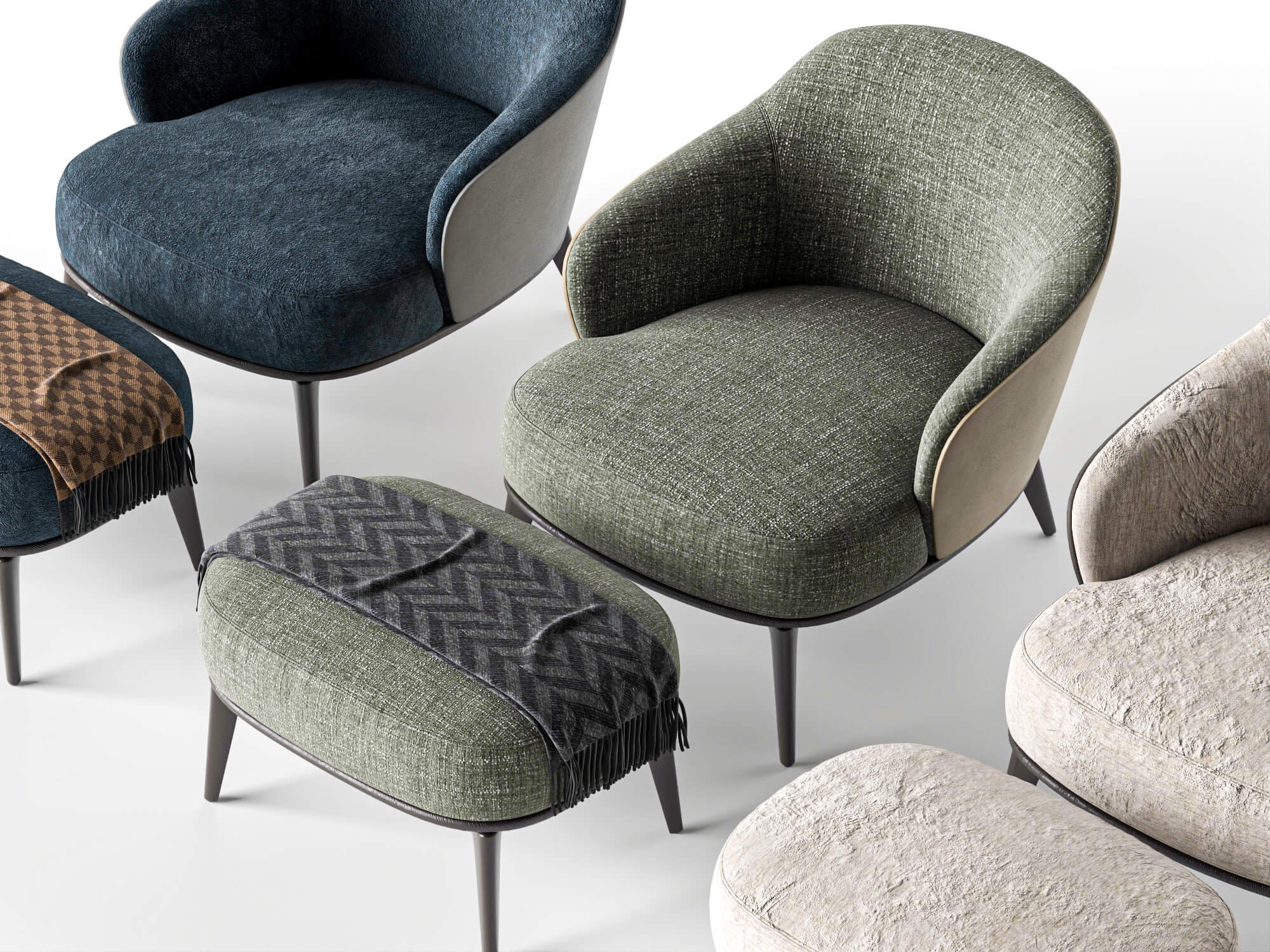 Fabric Armchairs with Ottomans Set 3D Model