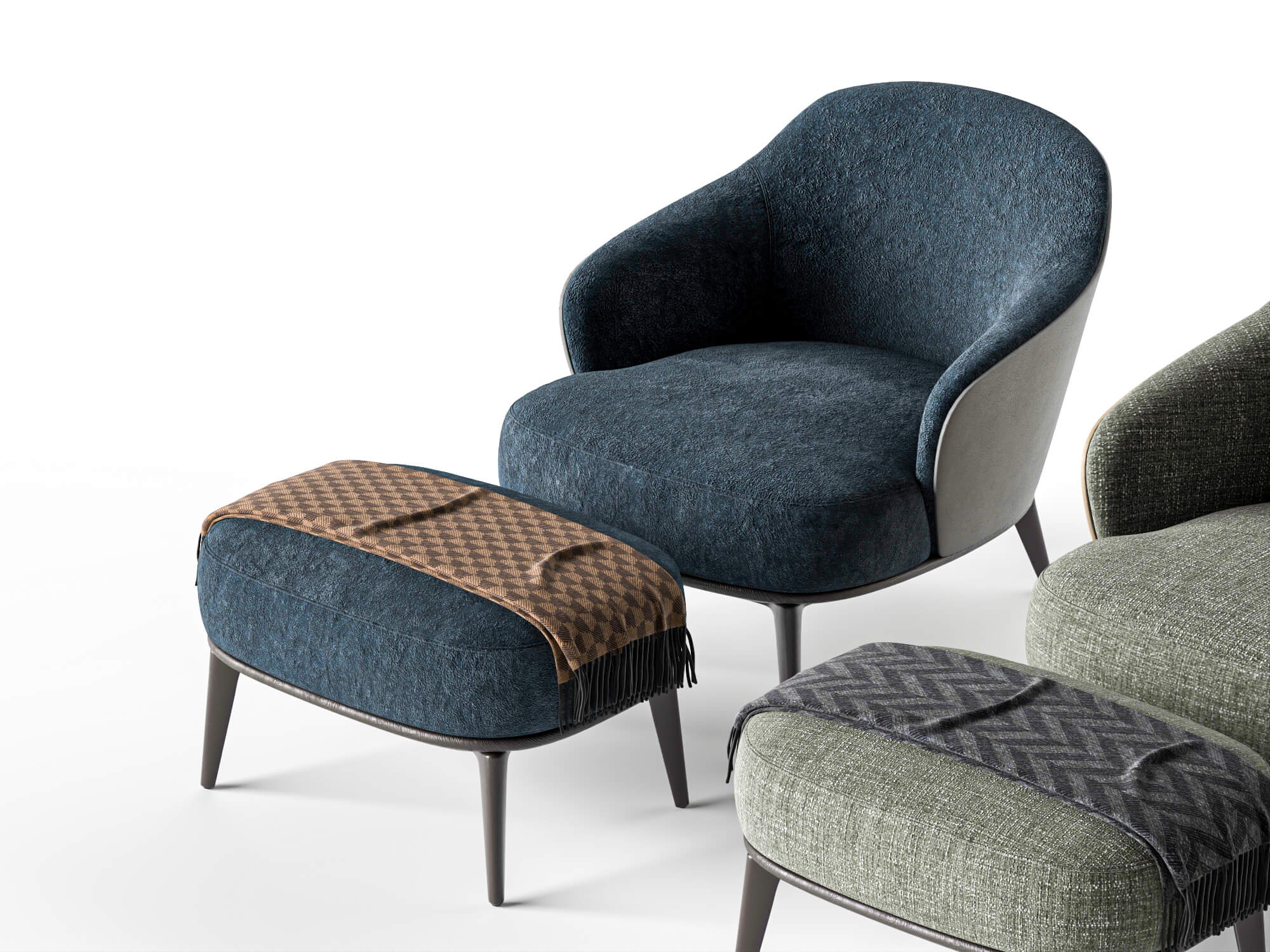 Fabric Armchairs with Ottomans Set 3D Model