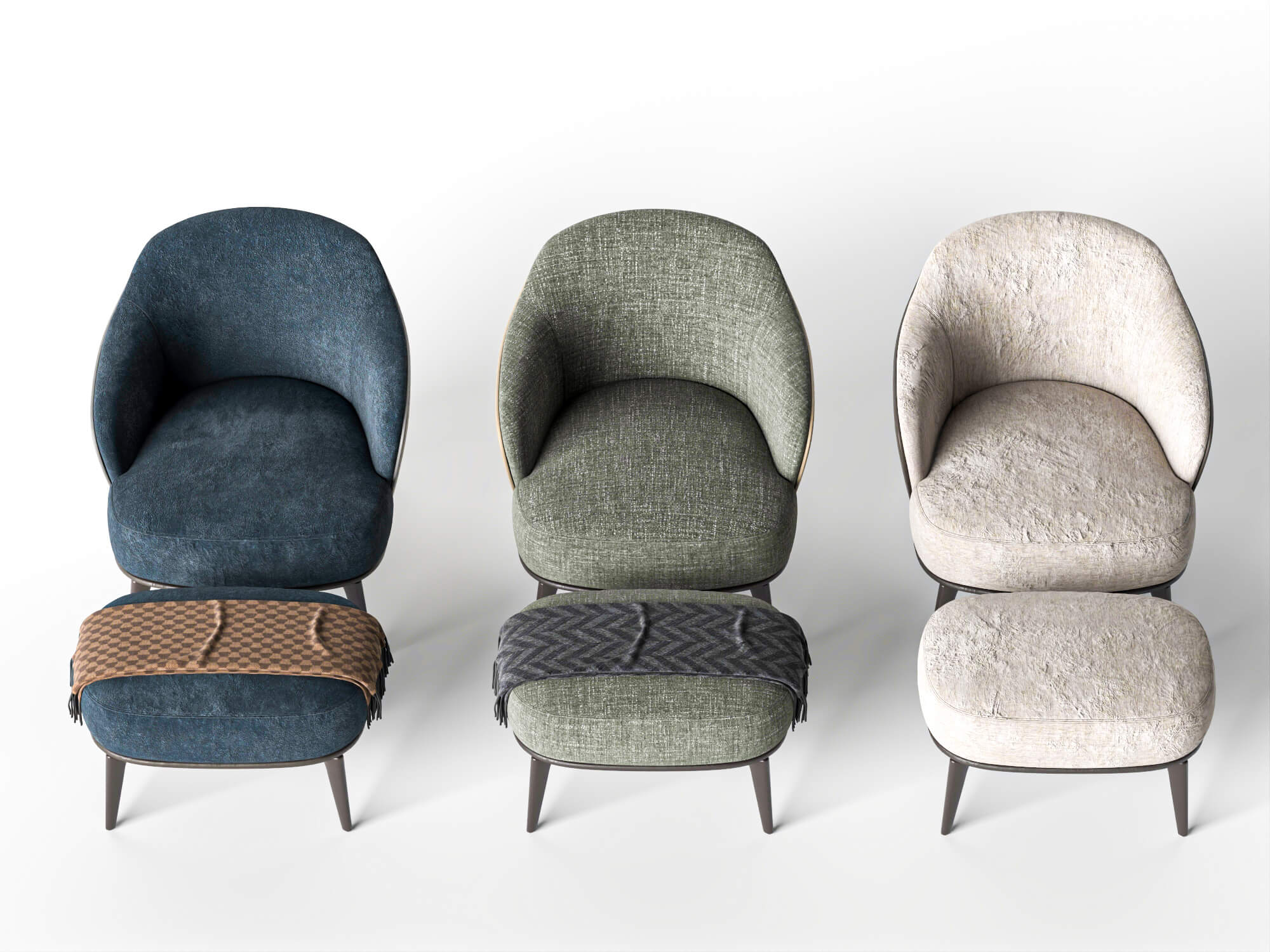 Fabric Armchairs with Ottomans Set 3D Model