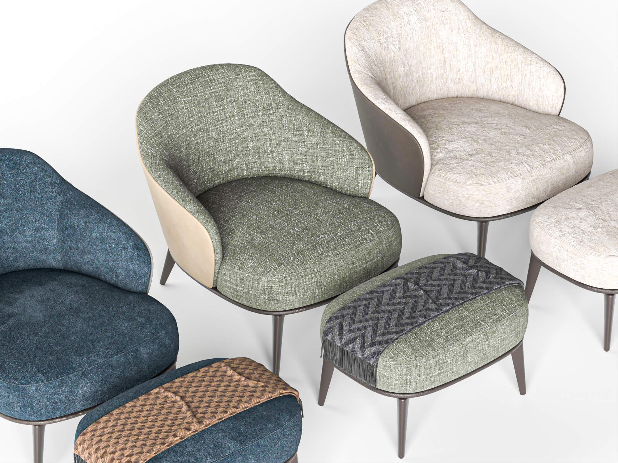 Fabric Armchairs with Ottomans Set 3D Model