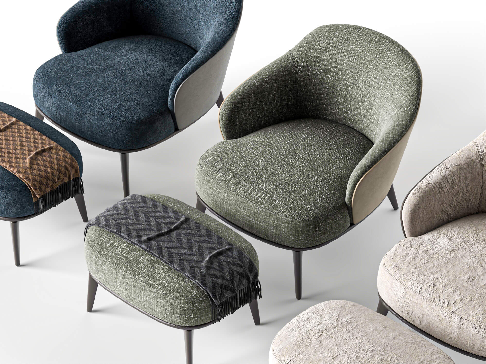 Fabric Armchairs with Ottomans Set 3D Model