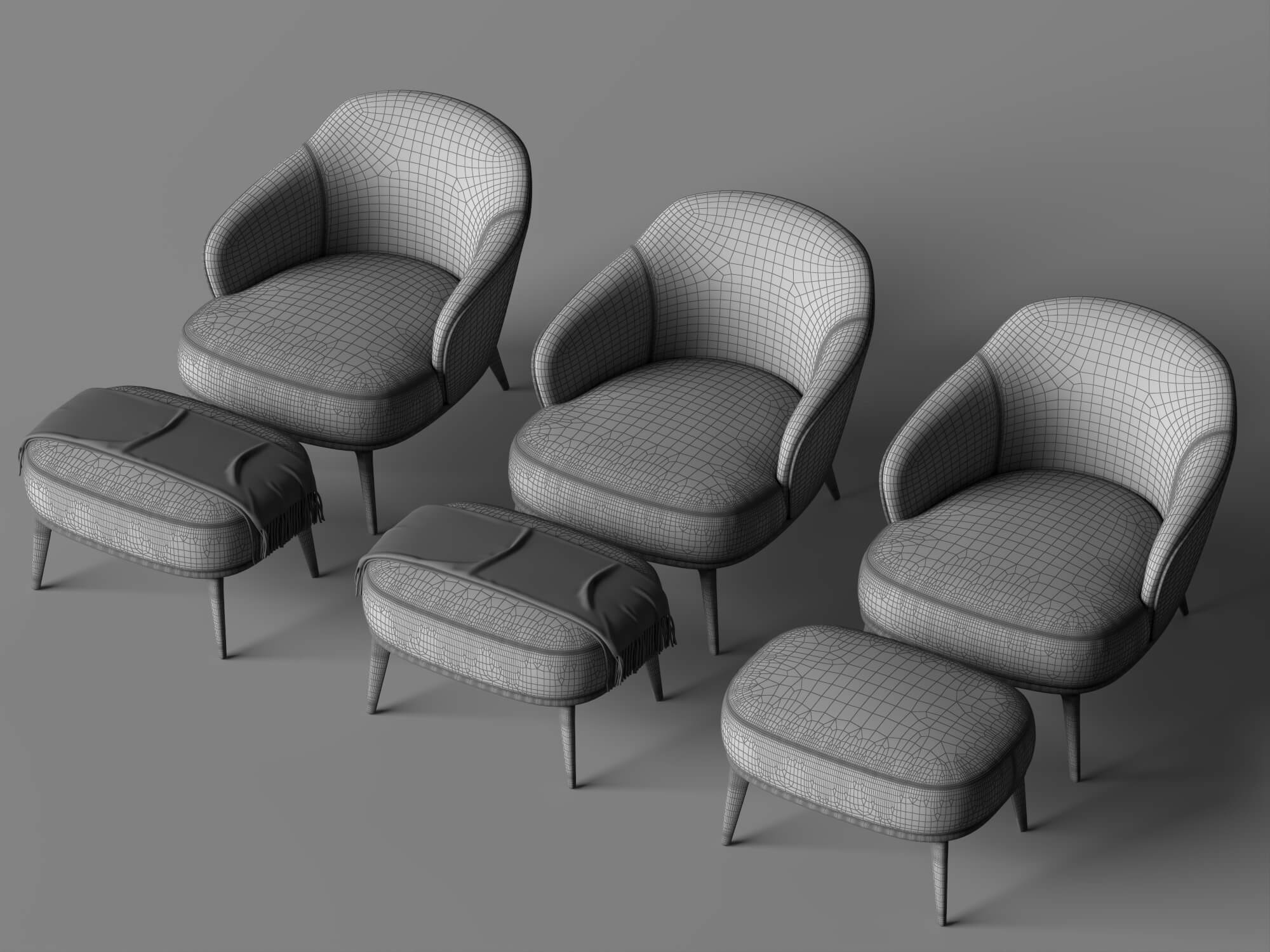 Fabric Armchairs with Ottomans Set 3D Model