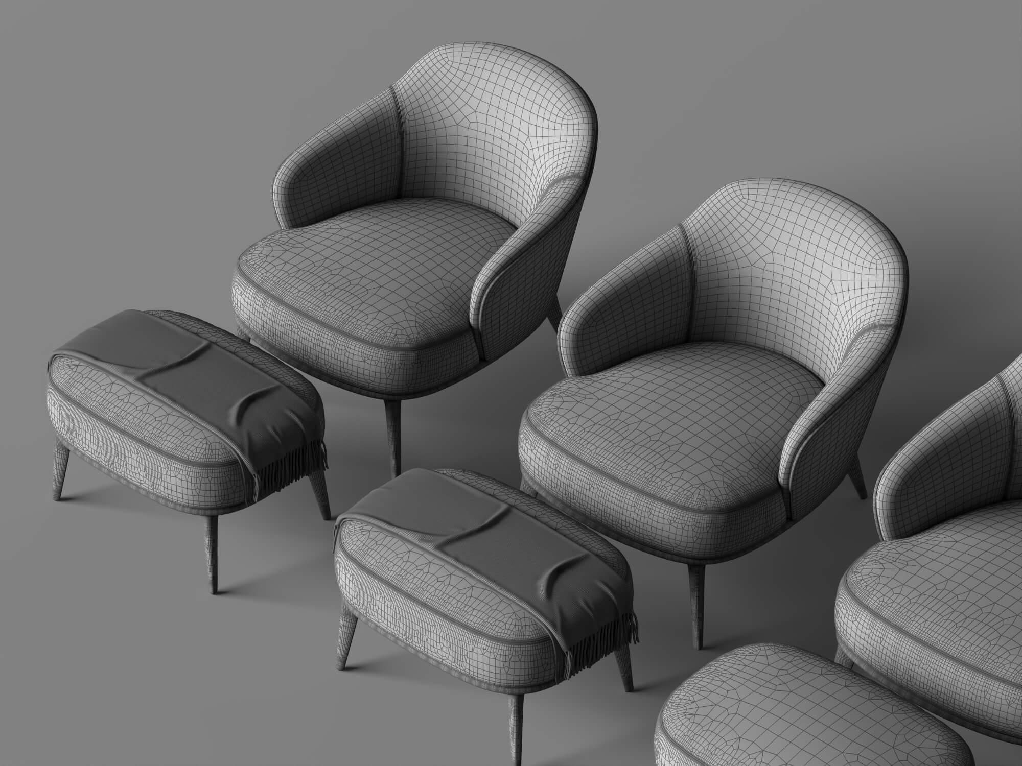 Fabric Armchairs with Ottomans Set 3D Model