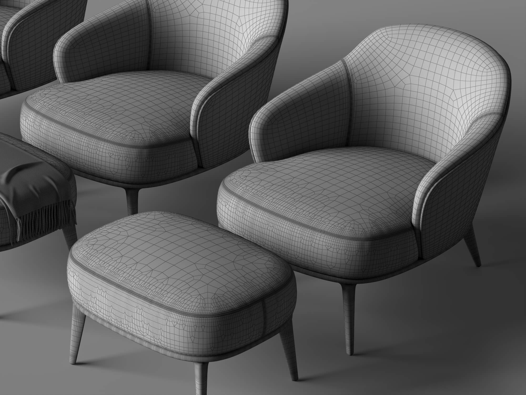 Fabric Armchairs with Ottomans Set 3D Model
