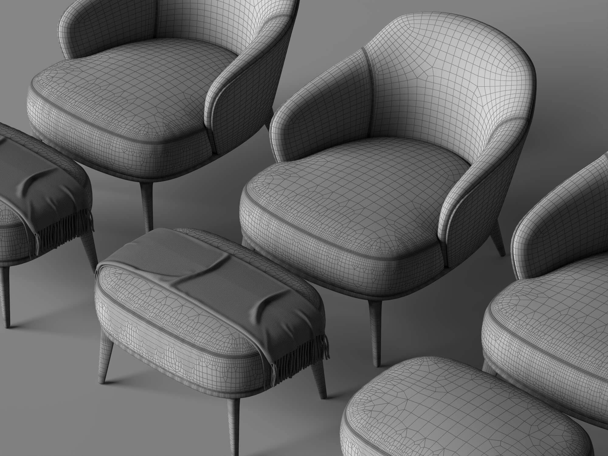 Fabric Armchairs with Ottomans Set 3D Model