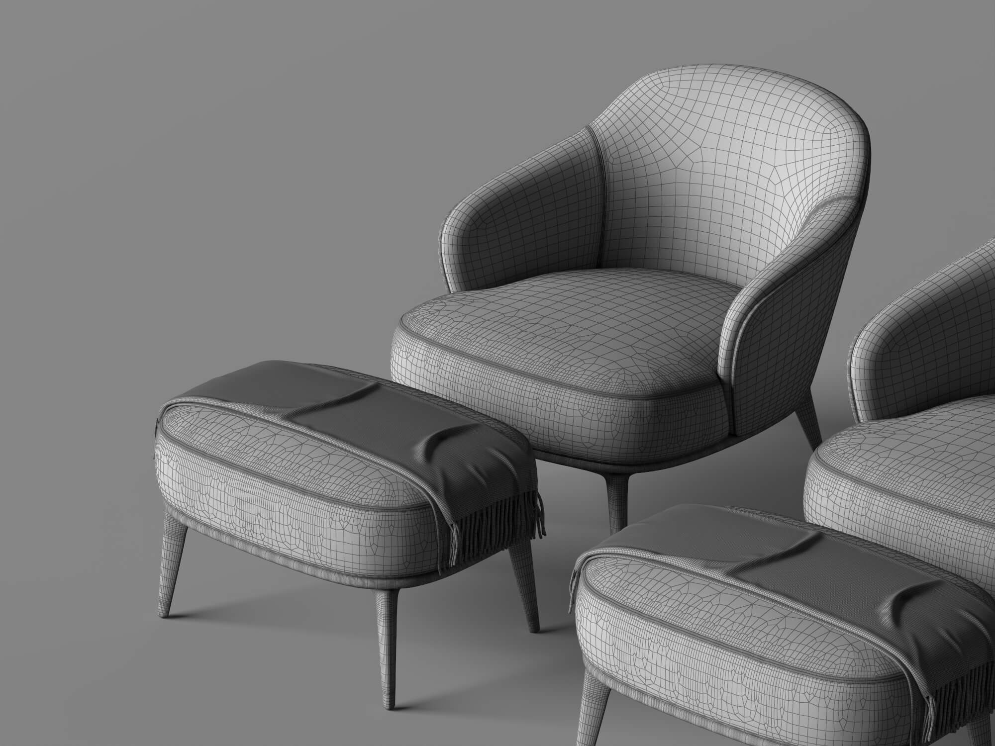 Fabric Armchairs with Ottomans Set 3D Model