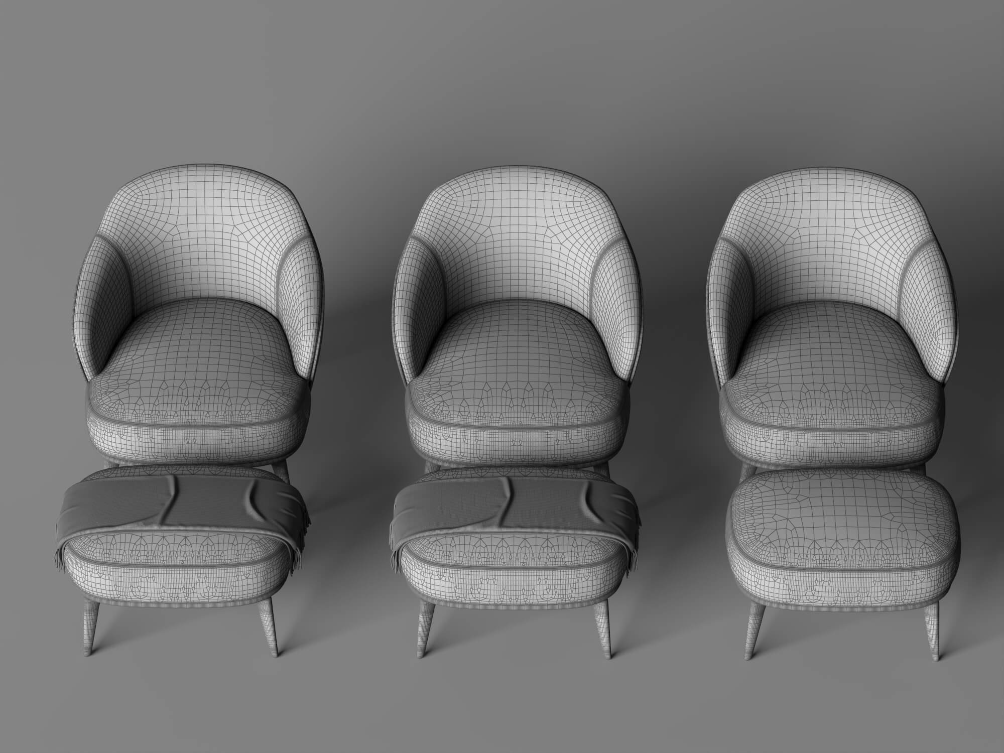 Fabric Armchairs with Ottomans Set 3D Model