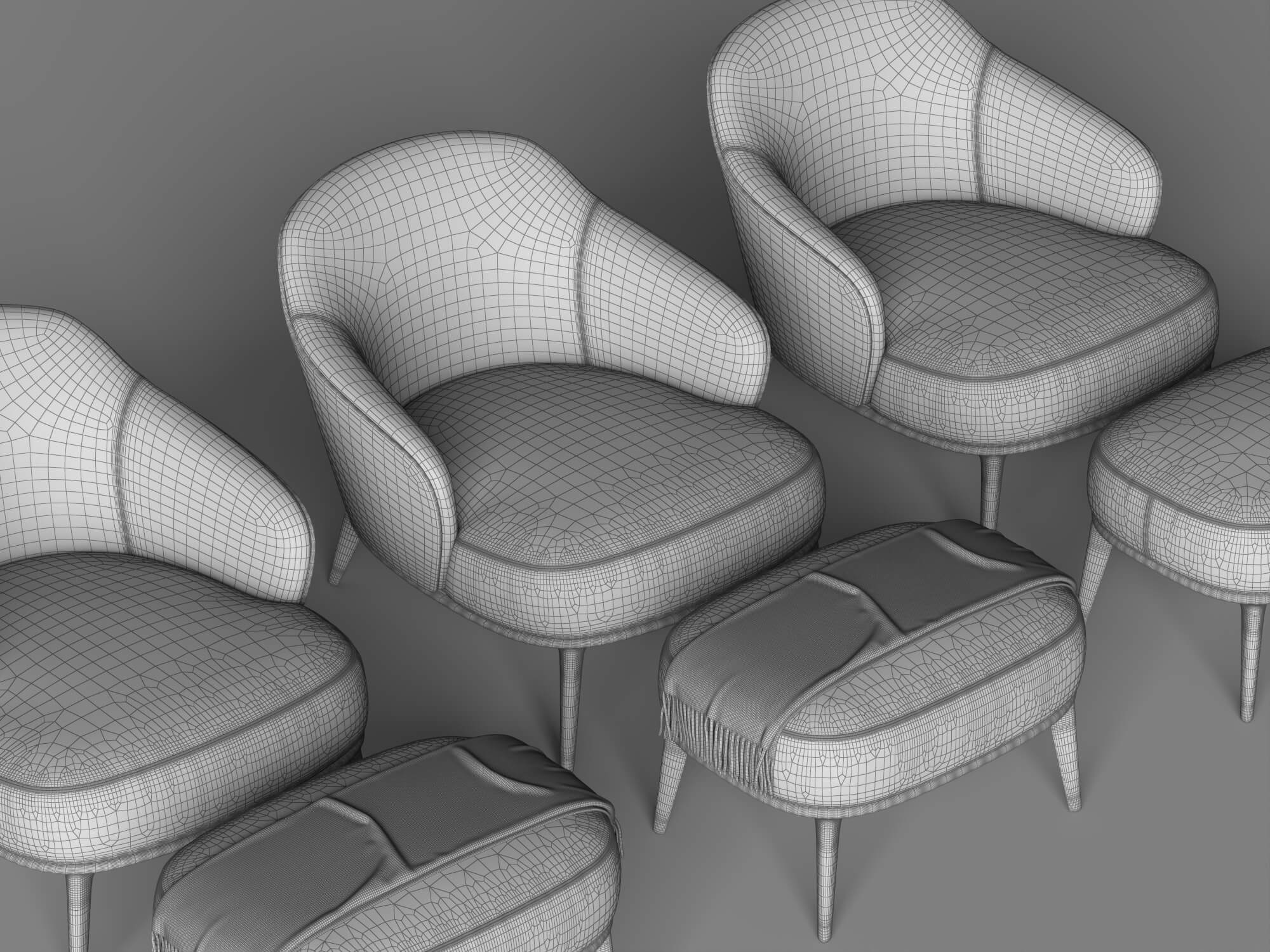 Fabric Armchairs with Ottomans Set 3D Model