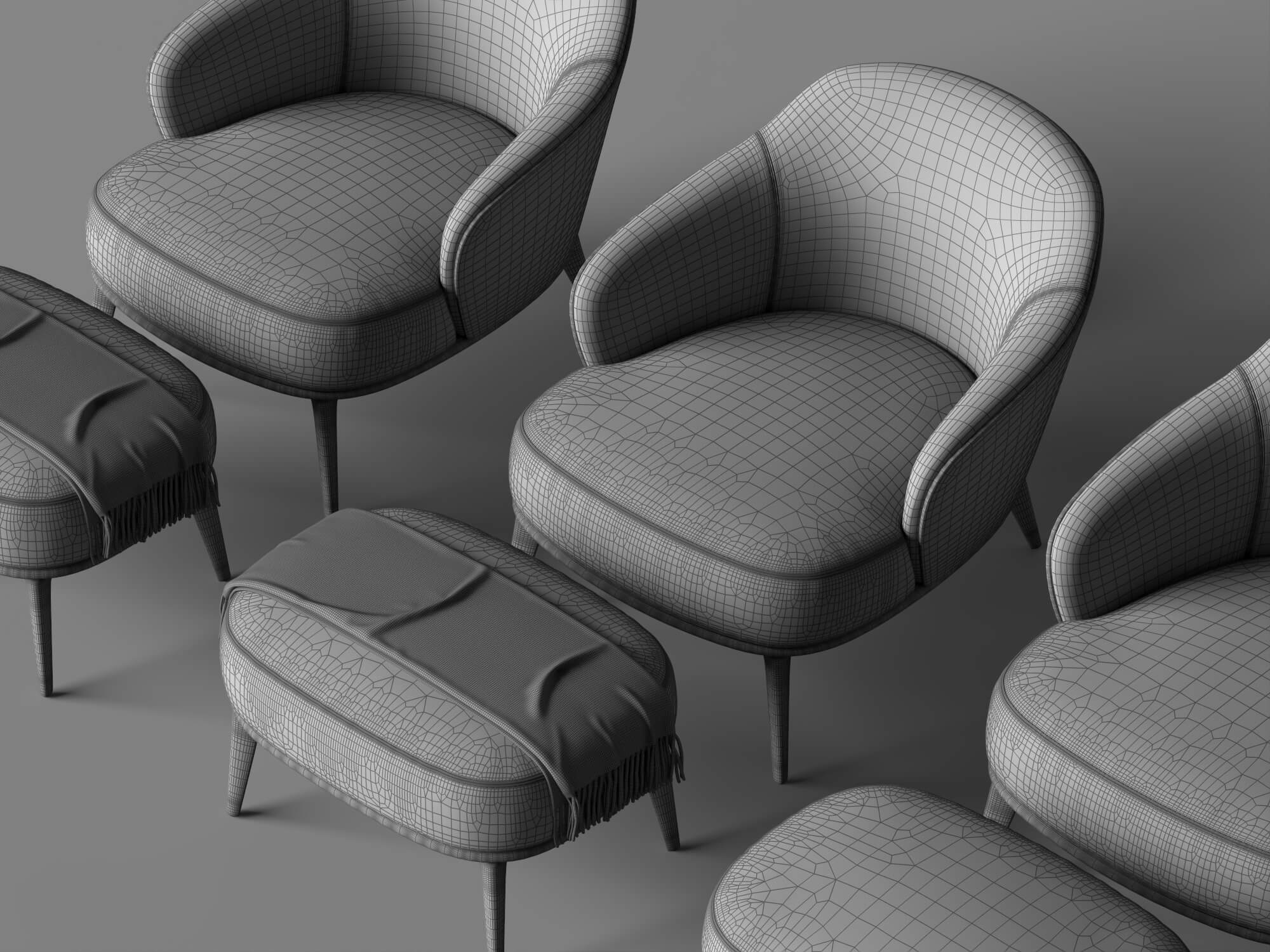 Fabric Armchairs with Ottomans Set 3D Model