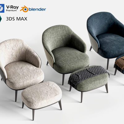 Fabric Armchairs with Ottomans Set